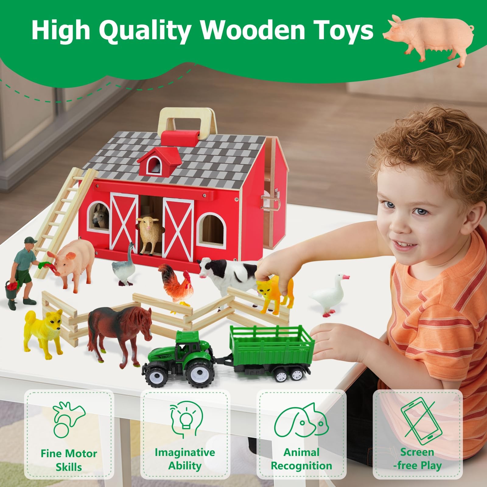 SIMPLIPLAY Farm Animal Toys with Portable Large Wooden Barn for Kids 3+ Years…