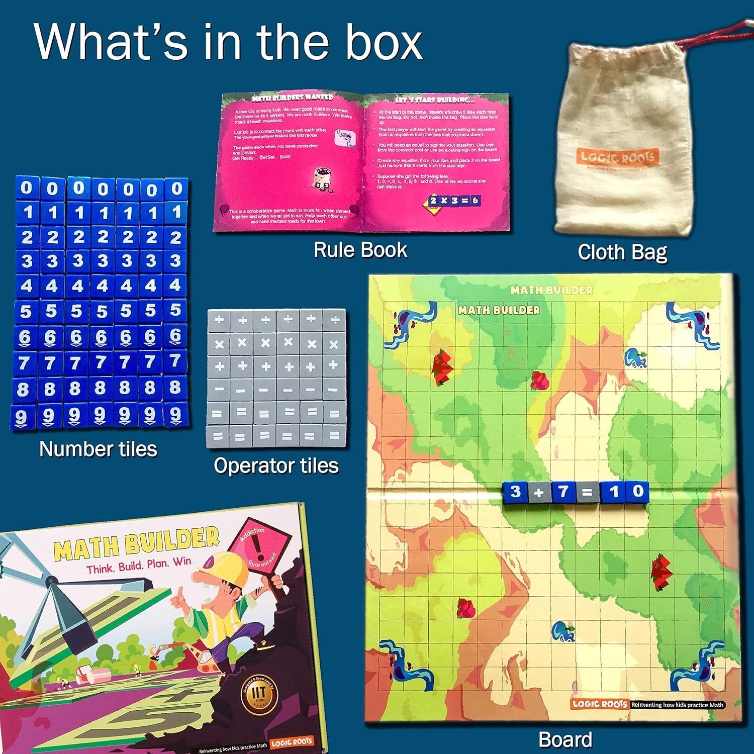 New Logic Roots Math Builder Think Build Plan Win 8+ ages 2-4 players 20 Minutes