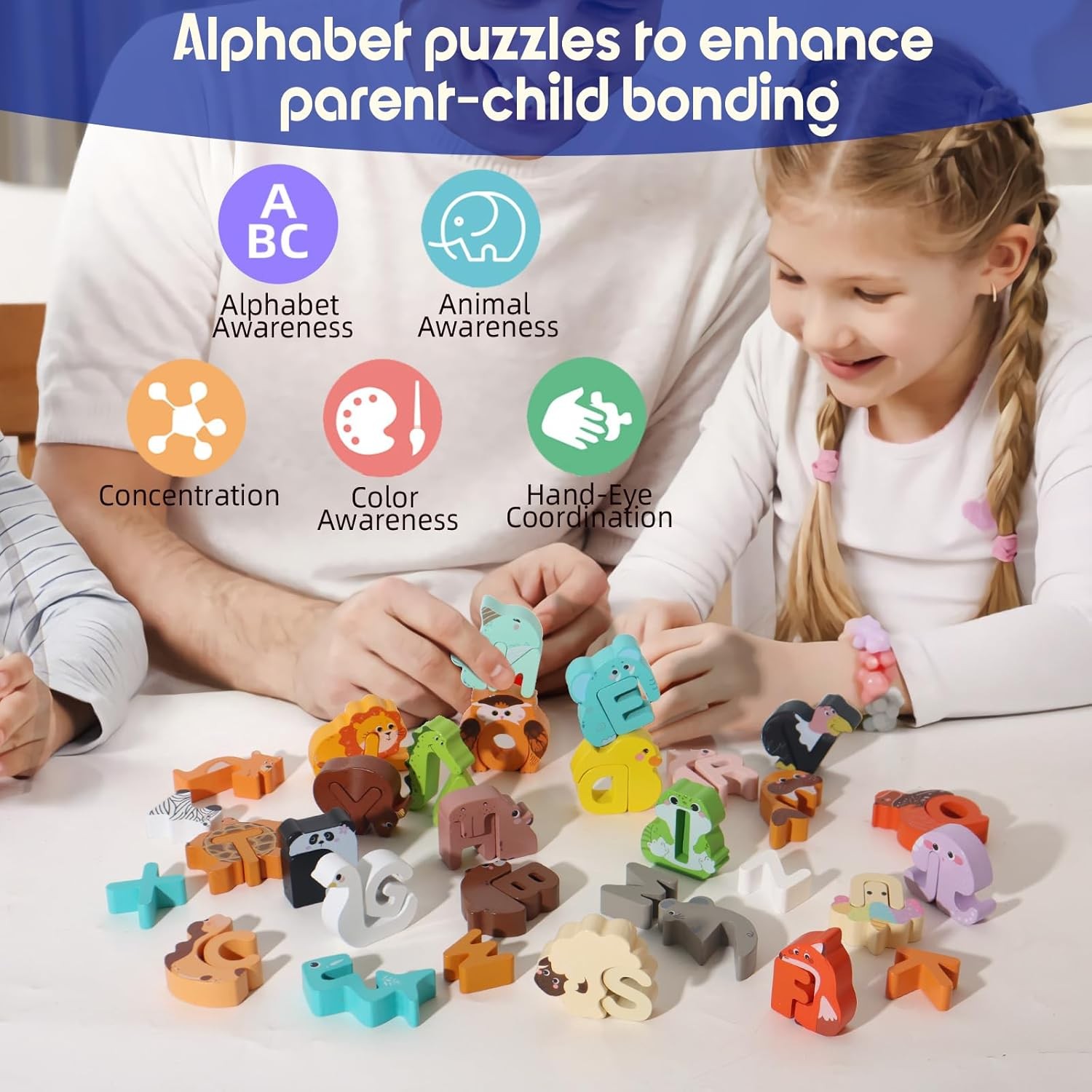 52PC Matching Game, Wooden Alphabet Animal Puzzles ABC Peg Puzzles f/Age 3+ Kids