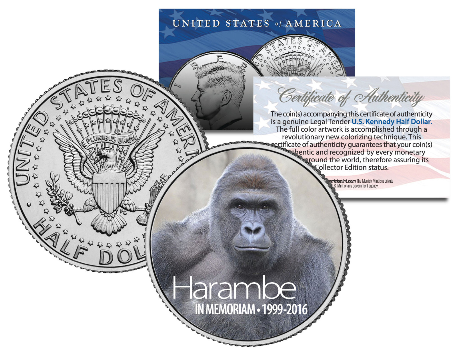 HARAMBE 1999-2016 Cincinnati Zoo Gorilla Colorized 2016 JFK Kennedy Half Dollar