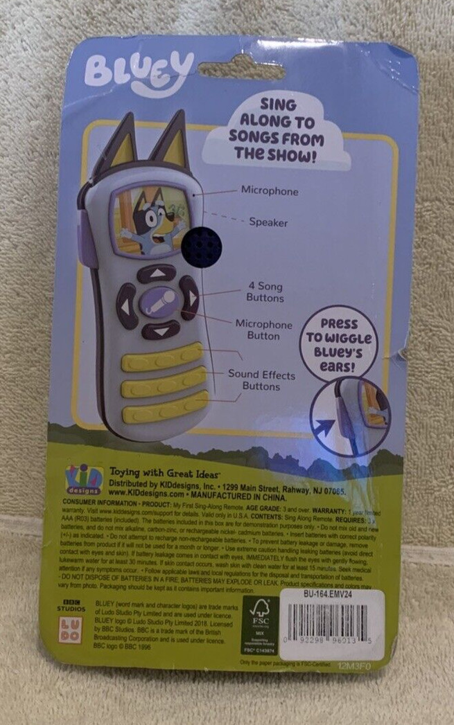 BBC Studios BLUEY Sing Along Remote – 4 Song Buttons & Microphone 7×3 – NEW