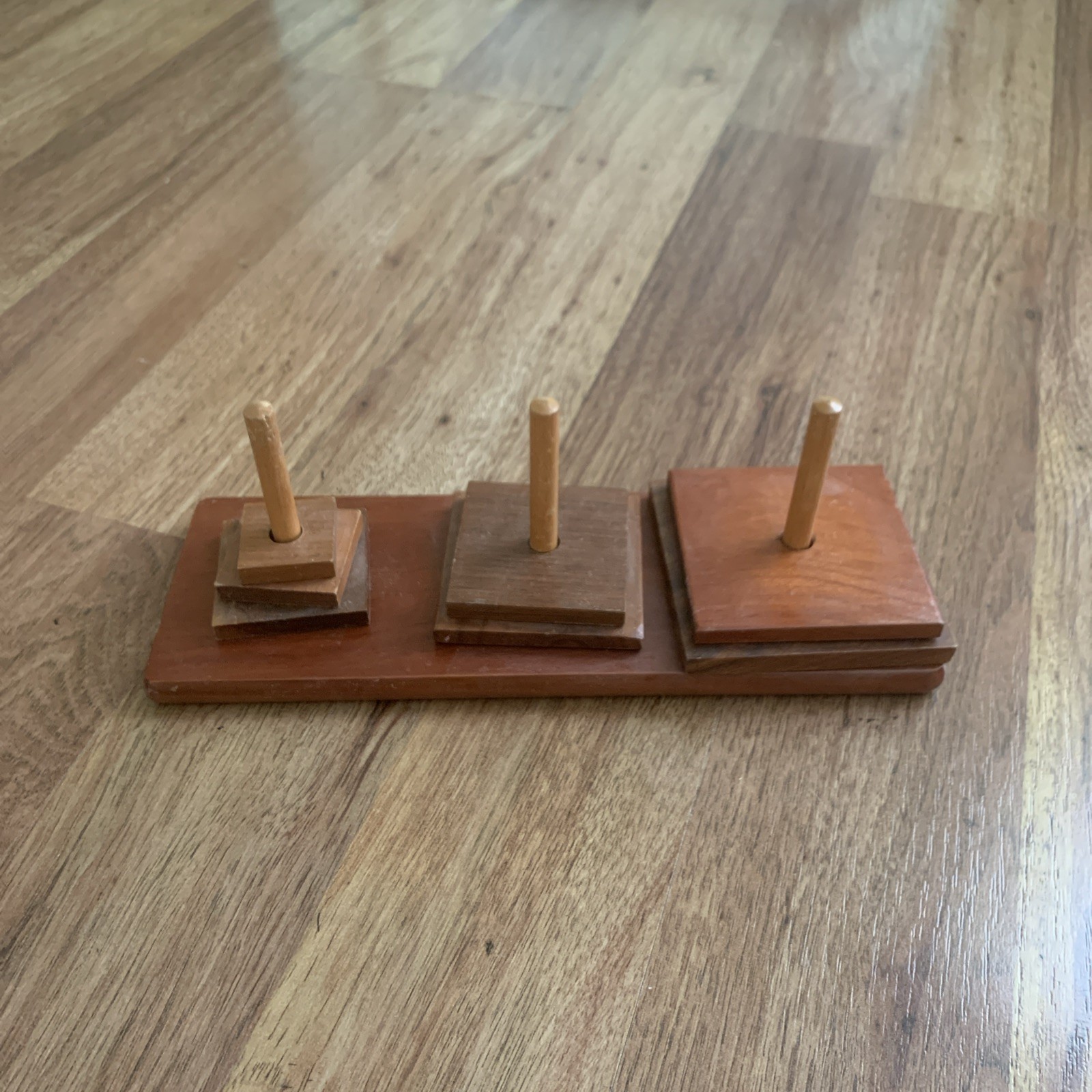 Vintage Wooden Hanoi Tower 7 Rings Pyramid Puzzle Stack Game Woodcraft