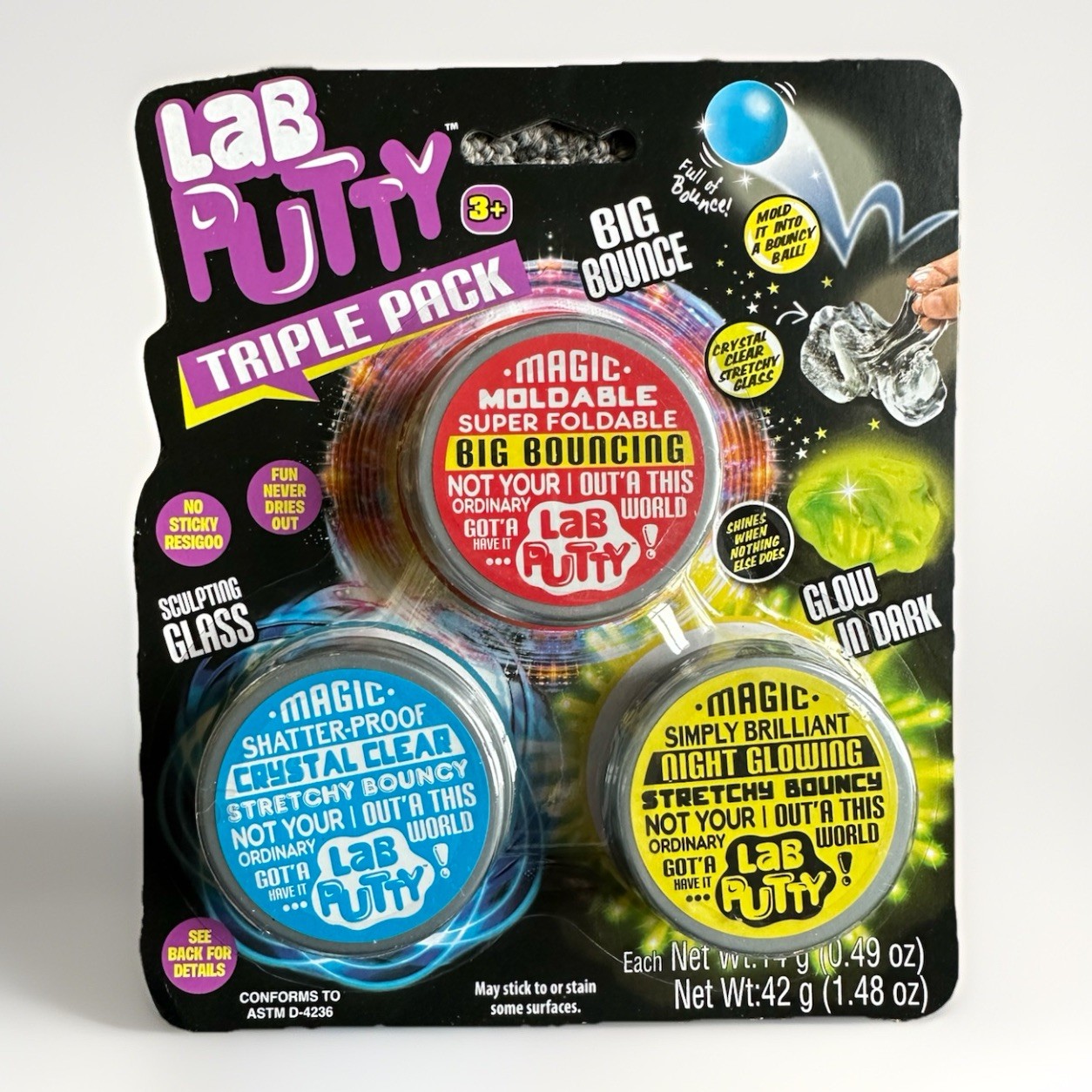 Lab Putty TRIPLE PACK ~ Big Bounce~ Crystal Clear & Glow in Dark Moldable Magic