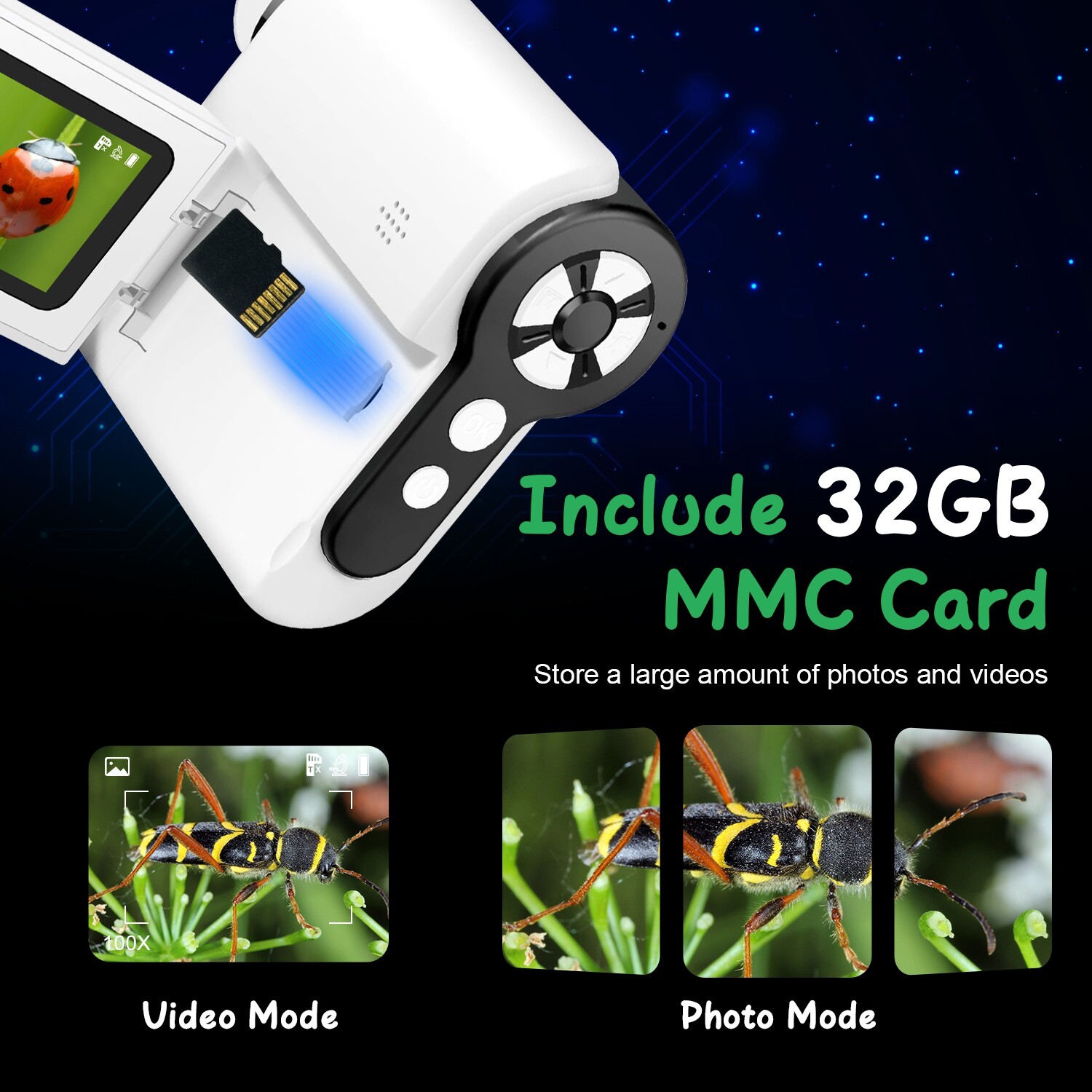 4K Kids Microscope 2″ IPS Screen 1000X Handheld Digital Microscopes 32GB Card