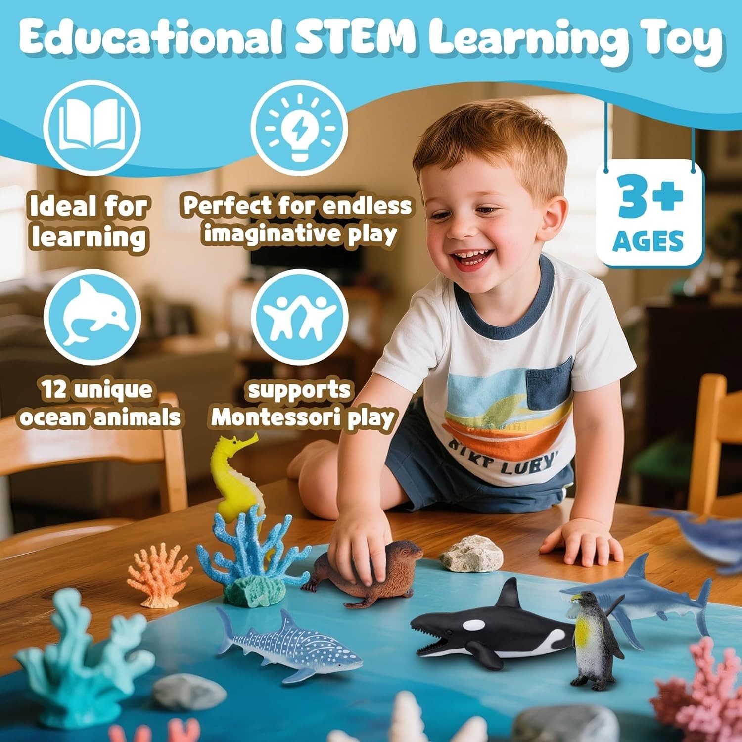 Ocean Sea Life Toy Figures Set for Kids, 12 PCS Realistic Marine Animals with Sh