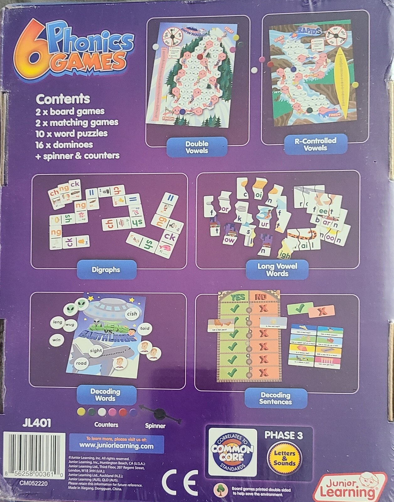 Junior Learning 6 PHONICS GAMES JL401 Vowels Digraphs Words Sentences New Gift