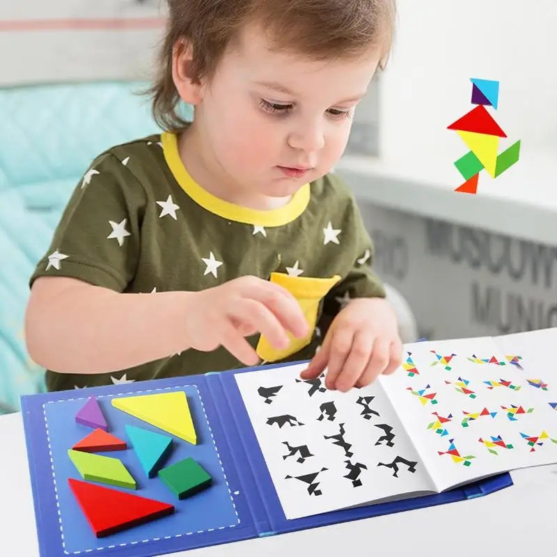 Magnetic Fractions Demonstration Book & Magnetic Wooden Tangram Block Puzzle Kit