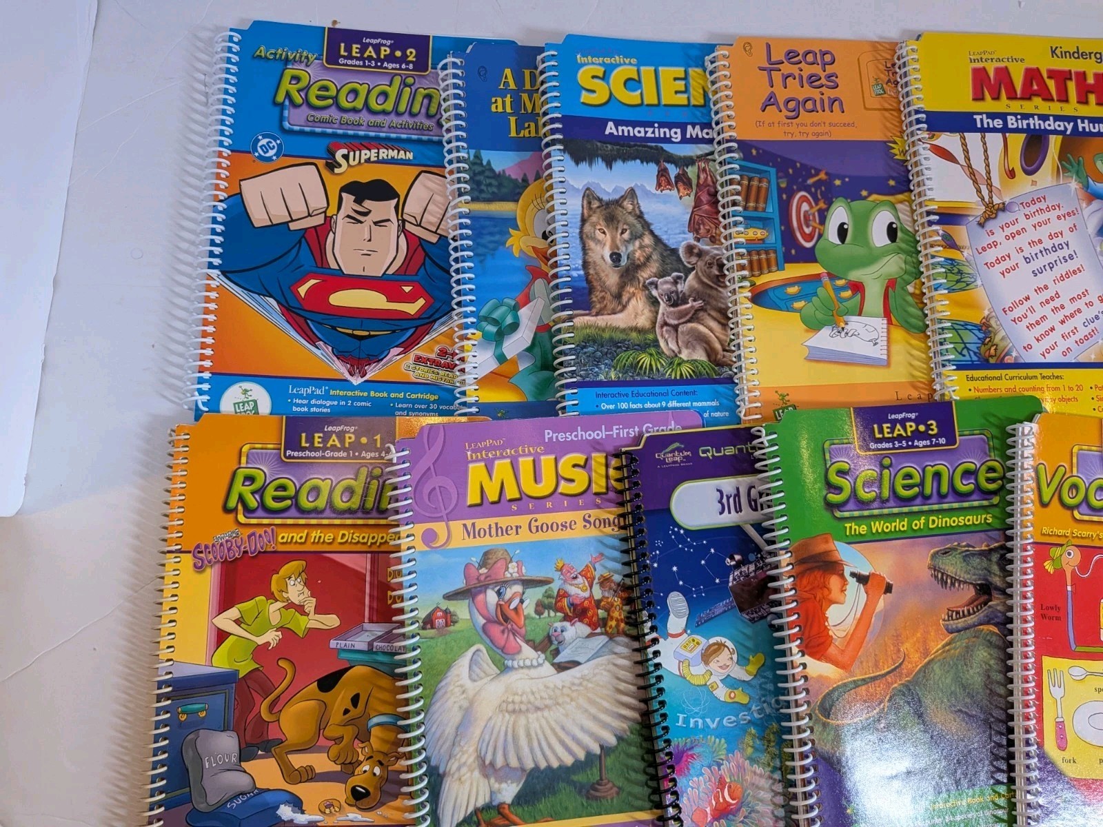 16 Leap Frog Leappad Book & Cartridge Lot & Storage Case Math Dinosaurs Scooby+