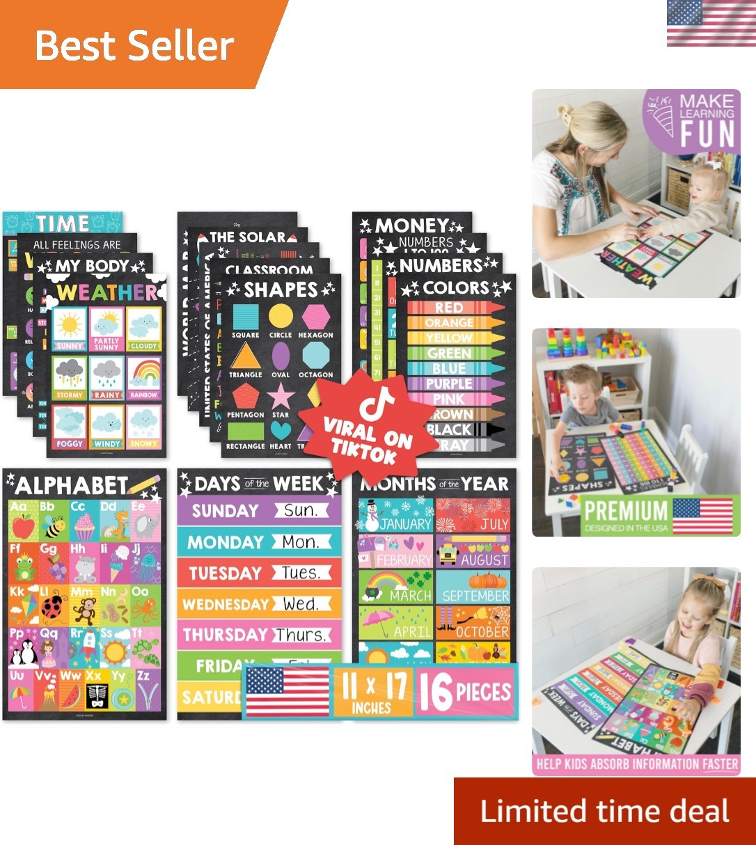 Vibrant 16-Pack Learning Posters for Ages 3-5 – Fun Classroom & Home Decor