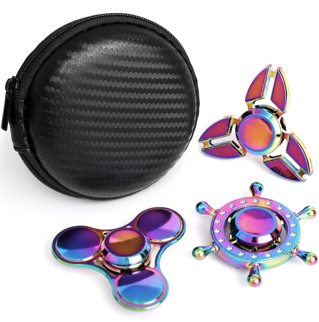 Set of 3 Multicolor Metal Hand Spinners with R188 10 Ball Bearing and Carry Case