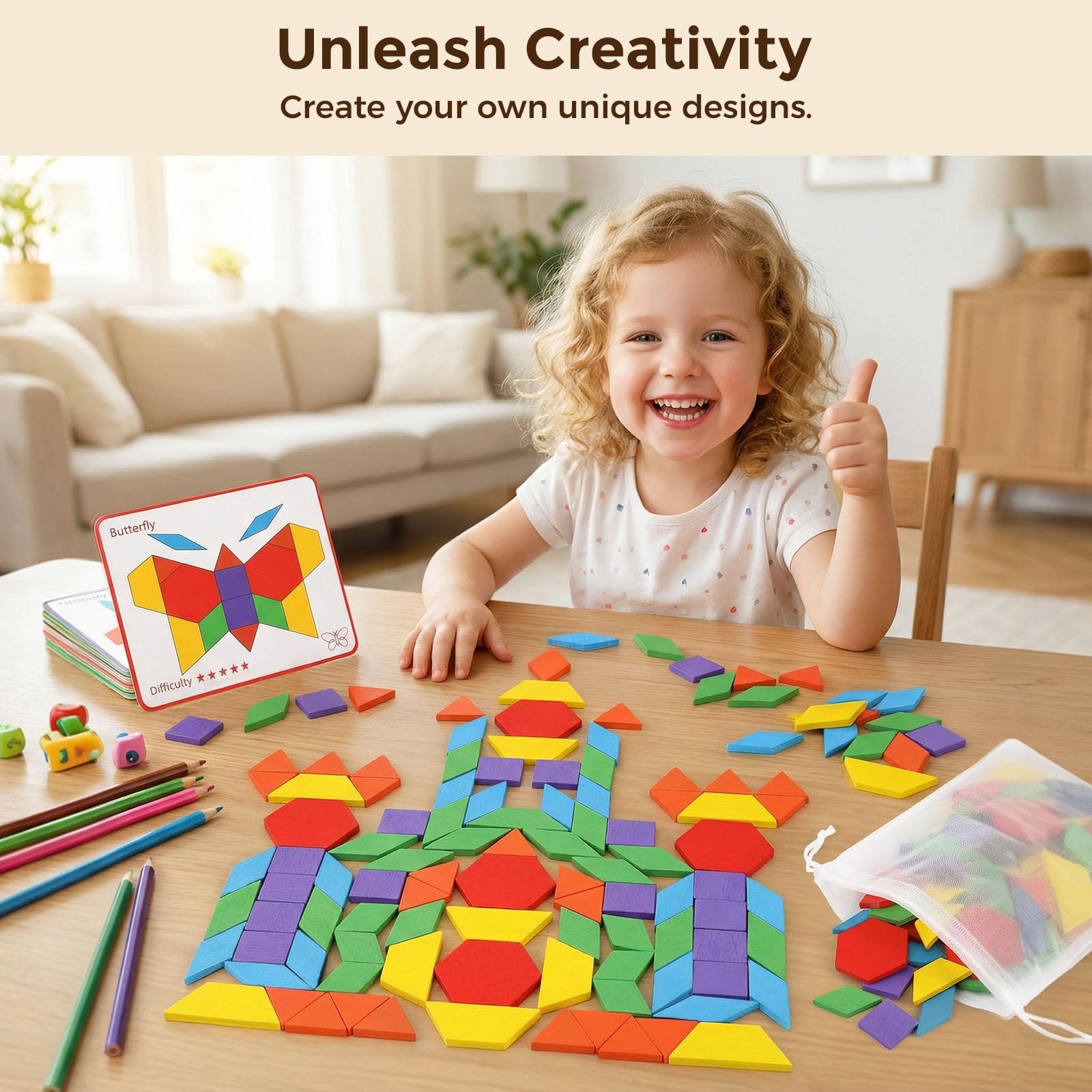 Wooden Pattern Blocks Set Kids Geometric Shapes Tangram Educational Toy