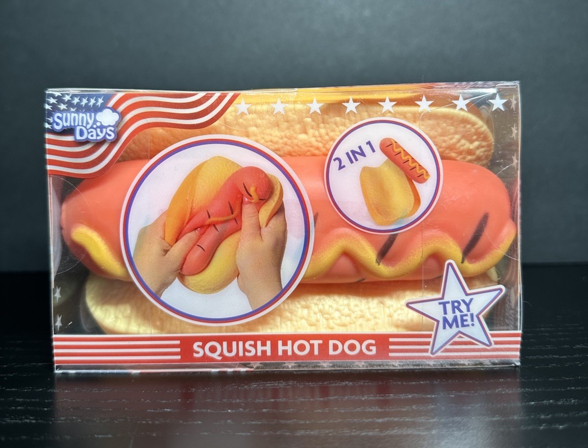 Squishy Hot Dog Squeezy Fidget Toy Sunny Days 2-in-1 Hotdog Stress Relief NEW