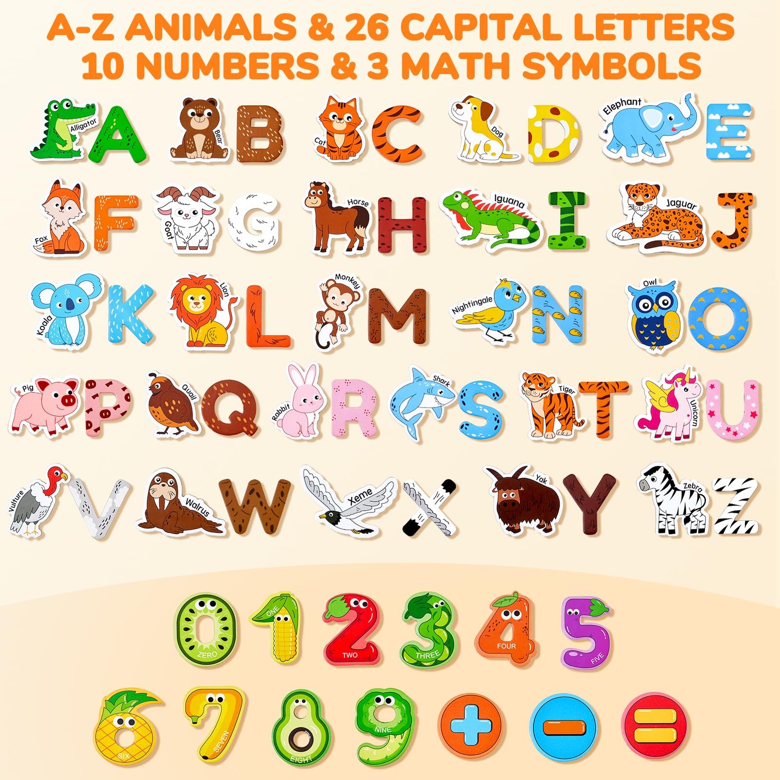 JoyCat Wooden Kids Magnets – 26 Cute Animals, 2.8” x 2.4”, Multi Color
