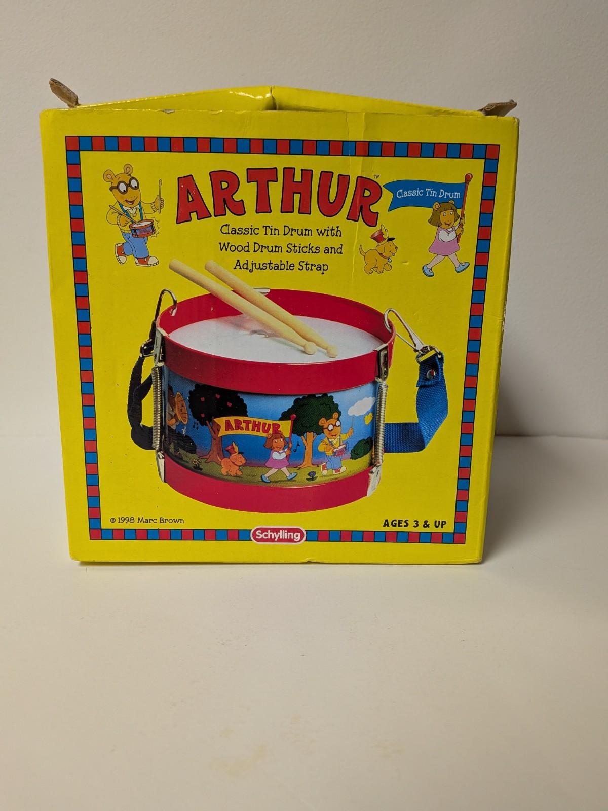 Vintage ARTHUR Schylling Tin Drum Toy w/ Drumsticks Adjustable Strap 1998 PBS