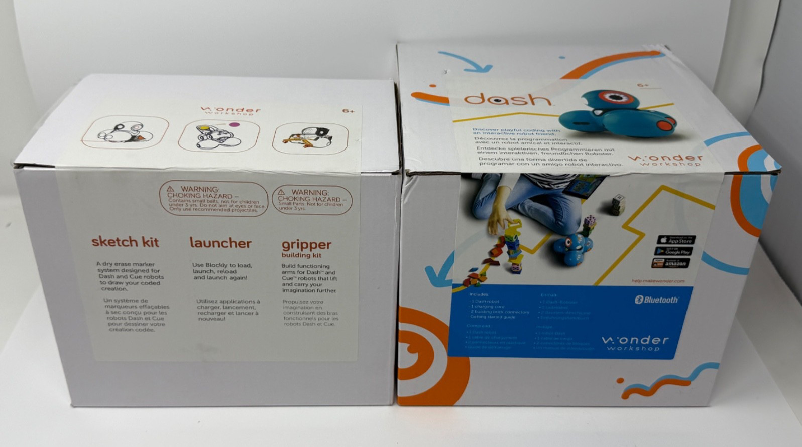 Wonder Workshop Dash Robot Lot W/ Launcher, Gripper and Sketch Accessory Packs