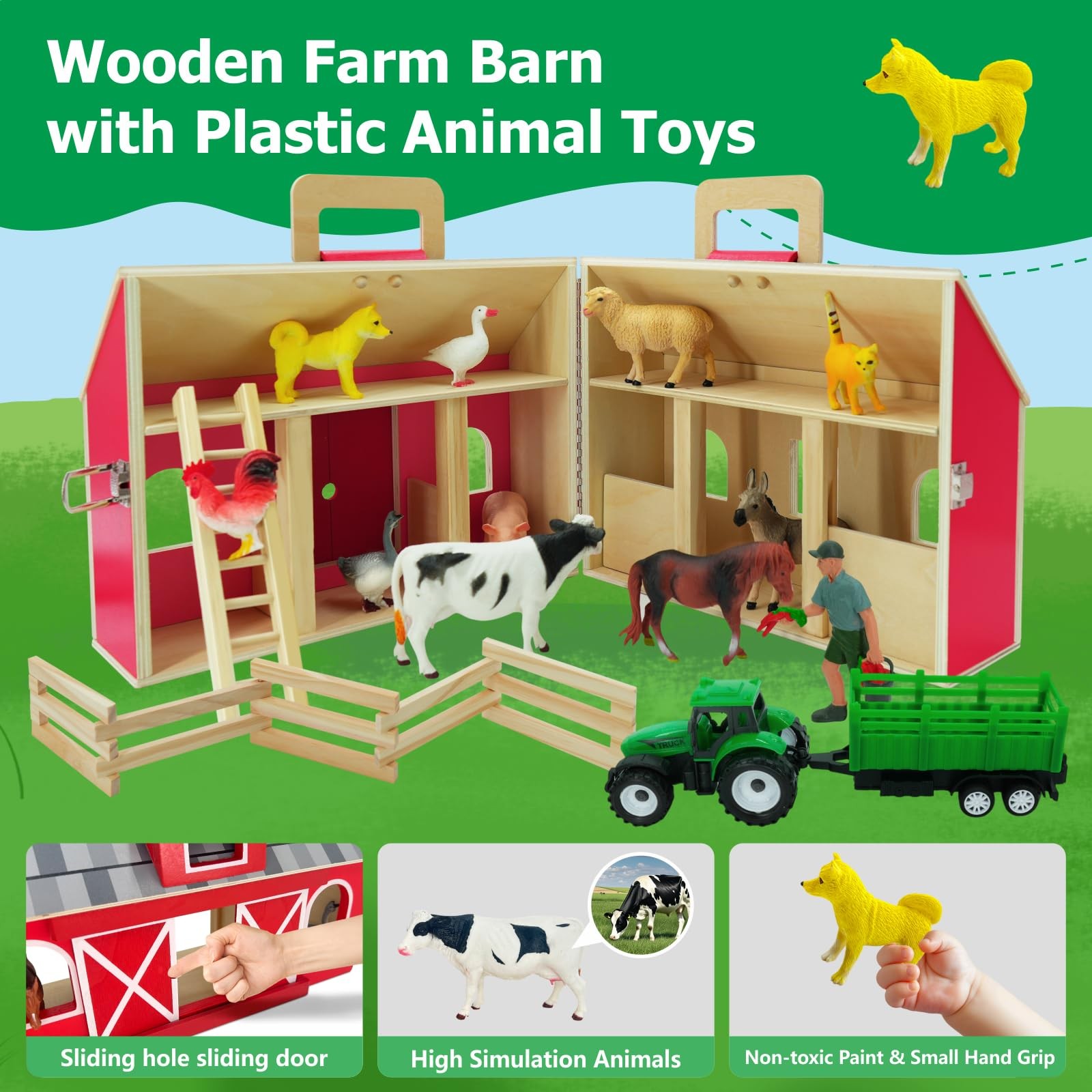 SIMPLIPLAY Farm Animal Toys with Portable Large Wooden Barn for Kids 3+ Years…