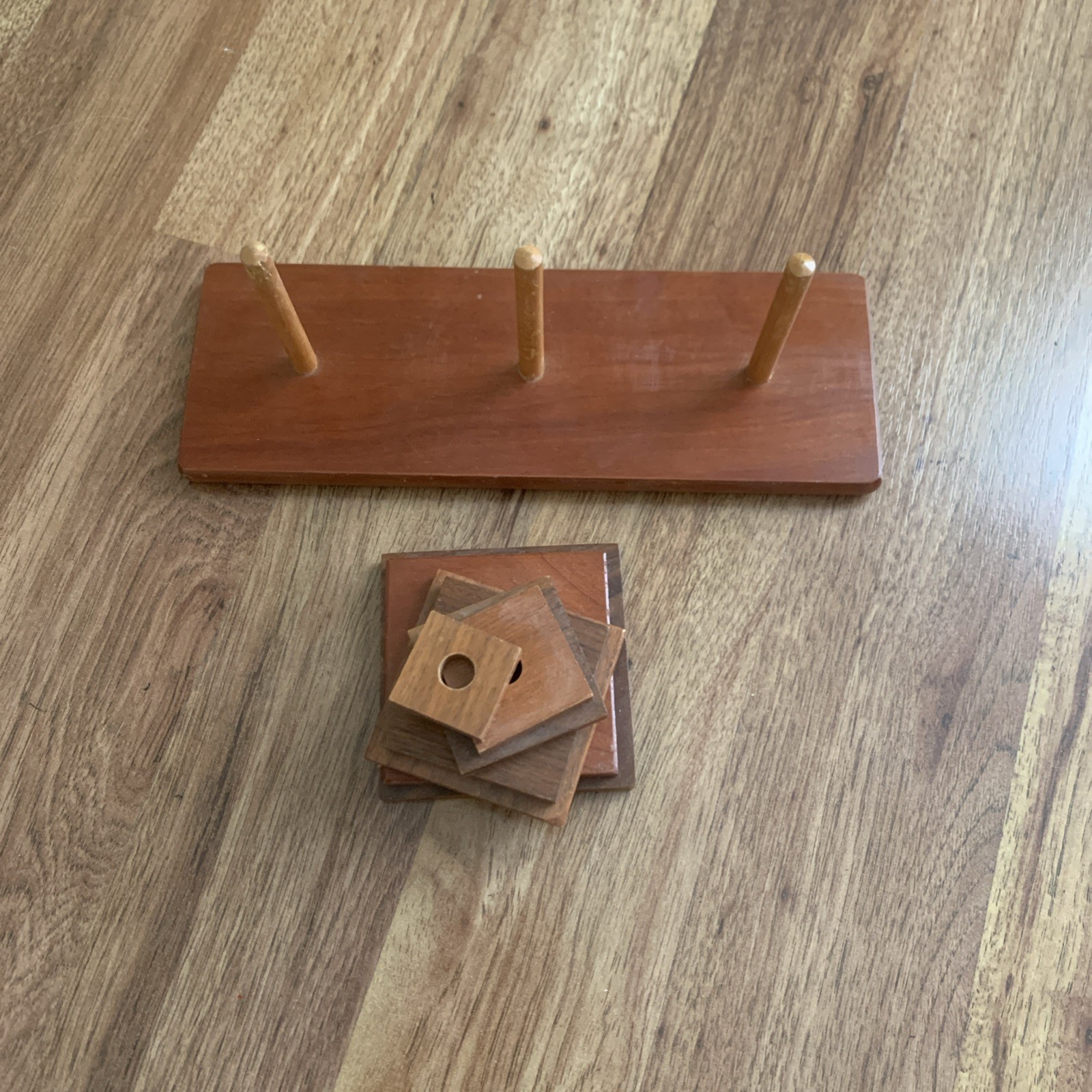 Vintage Wooden Hanoi Tower 7 Rings Pyramid Puzzle Stack Game Woodcraft
