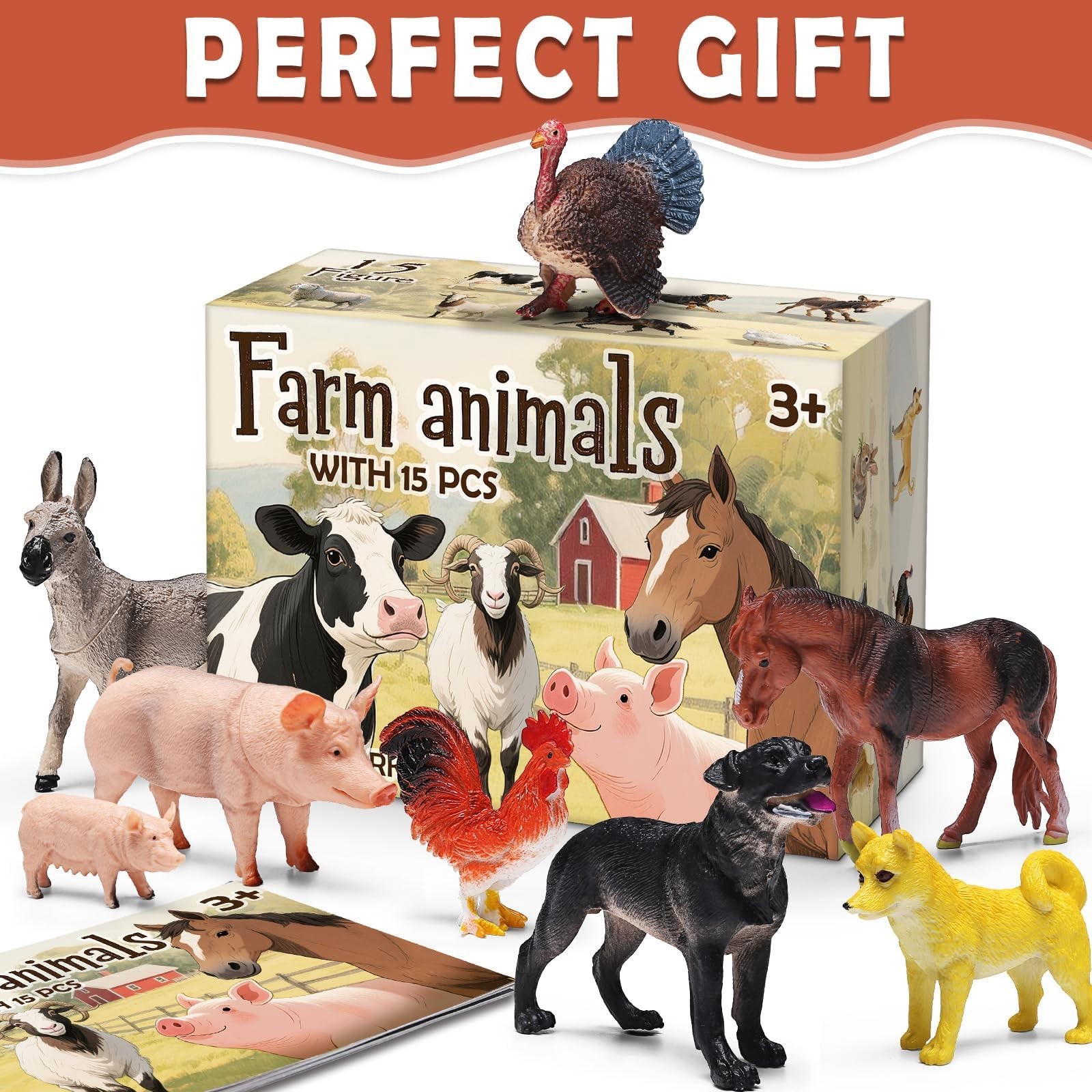 15 PCS Farm Animal Toy Set Educational Figures Booklet Gift Box Kids Playset