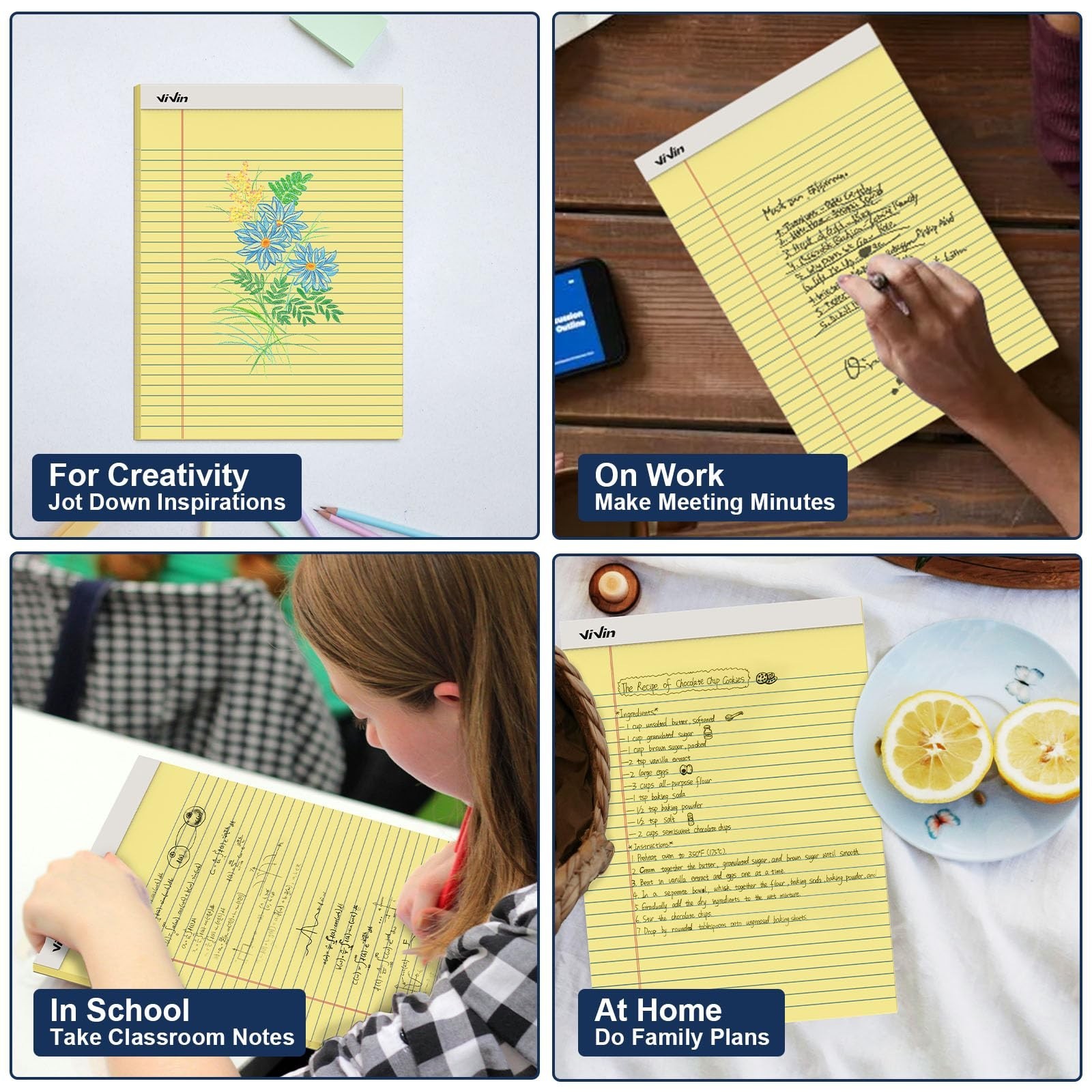 ViVin Legal Pads 8.5 x 11 Inch, Wide Ruled Note Pads, 6 Pack, 50 Sheet/Pad, N…