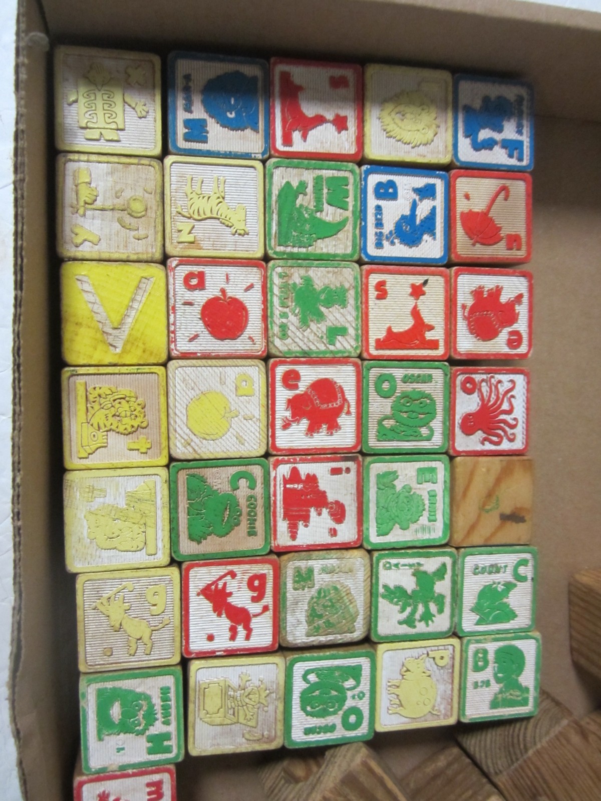 Vintage Wooden Alphabet Letter Blocks w/Animal & Objects, set of 35, plus 11