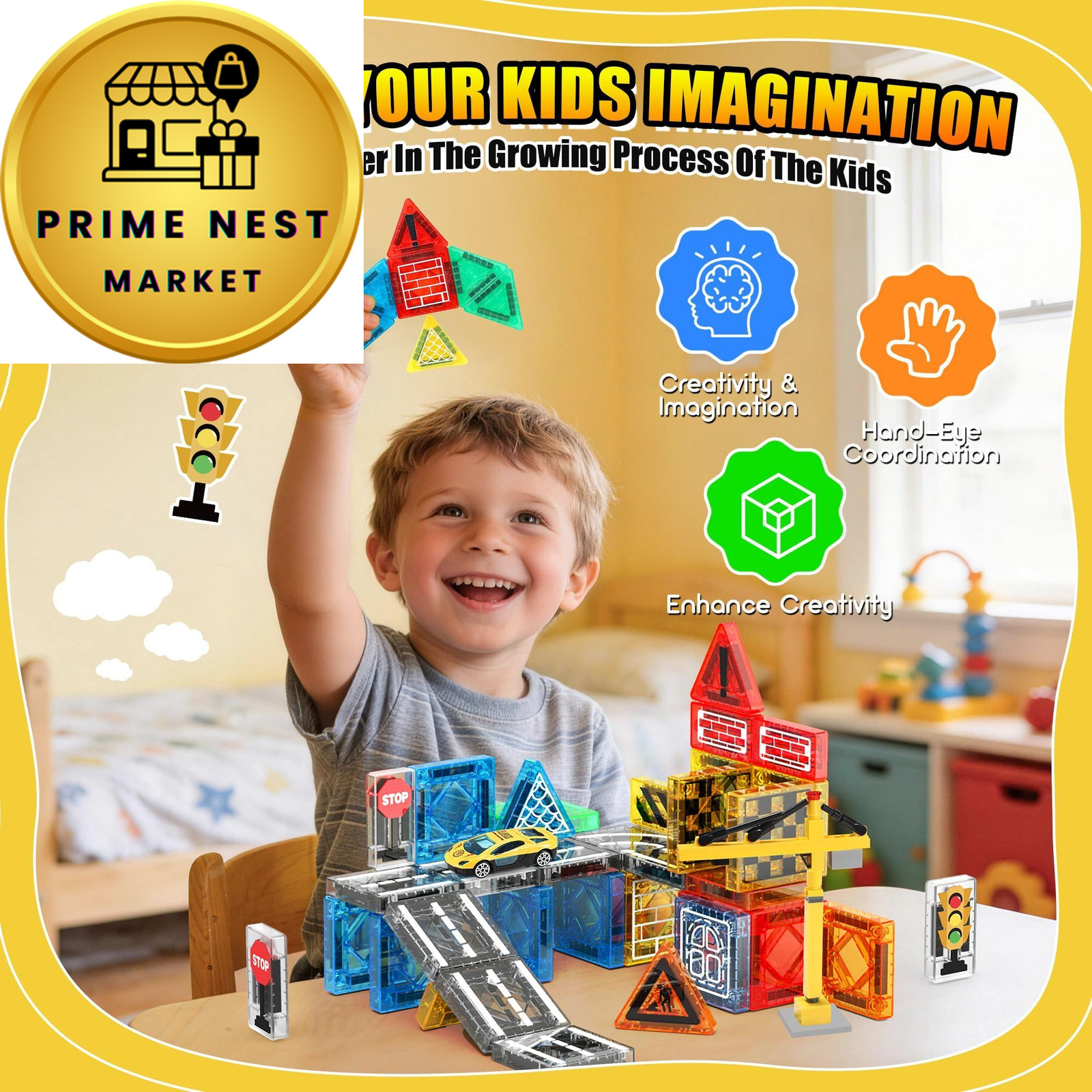 Magnetic Tiles – Construction Toys, 53pcs, Red, Blue, Yellow, Green, Etc.