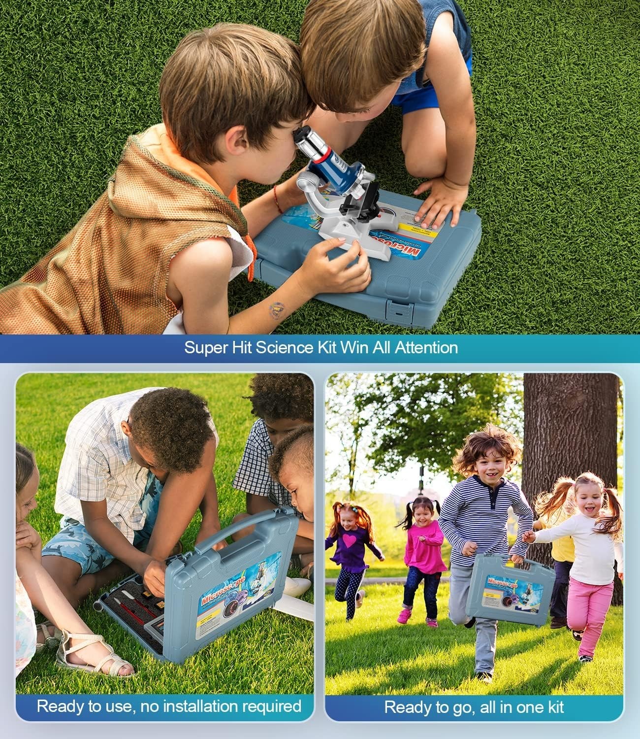 58-Piece Kids Microscope Kit – 100X-1200X Magnification, Metal Body, LED Ligh…