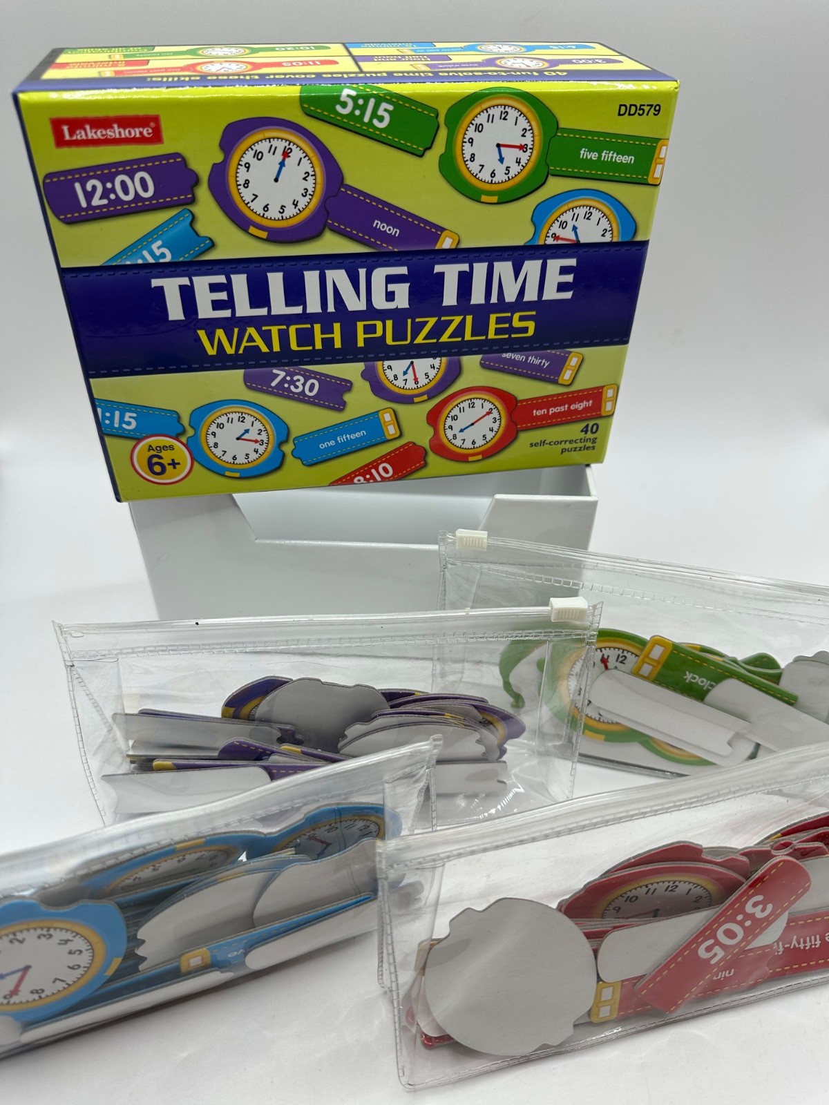 Lakeshore Telling TIme Watch Puzzles 40 Self Correcting Puzzles COMPLETE Math