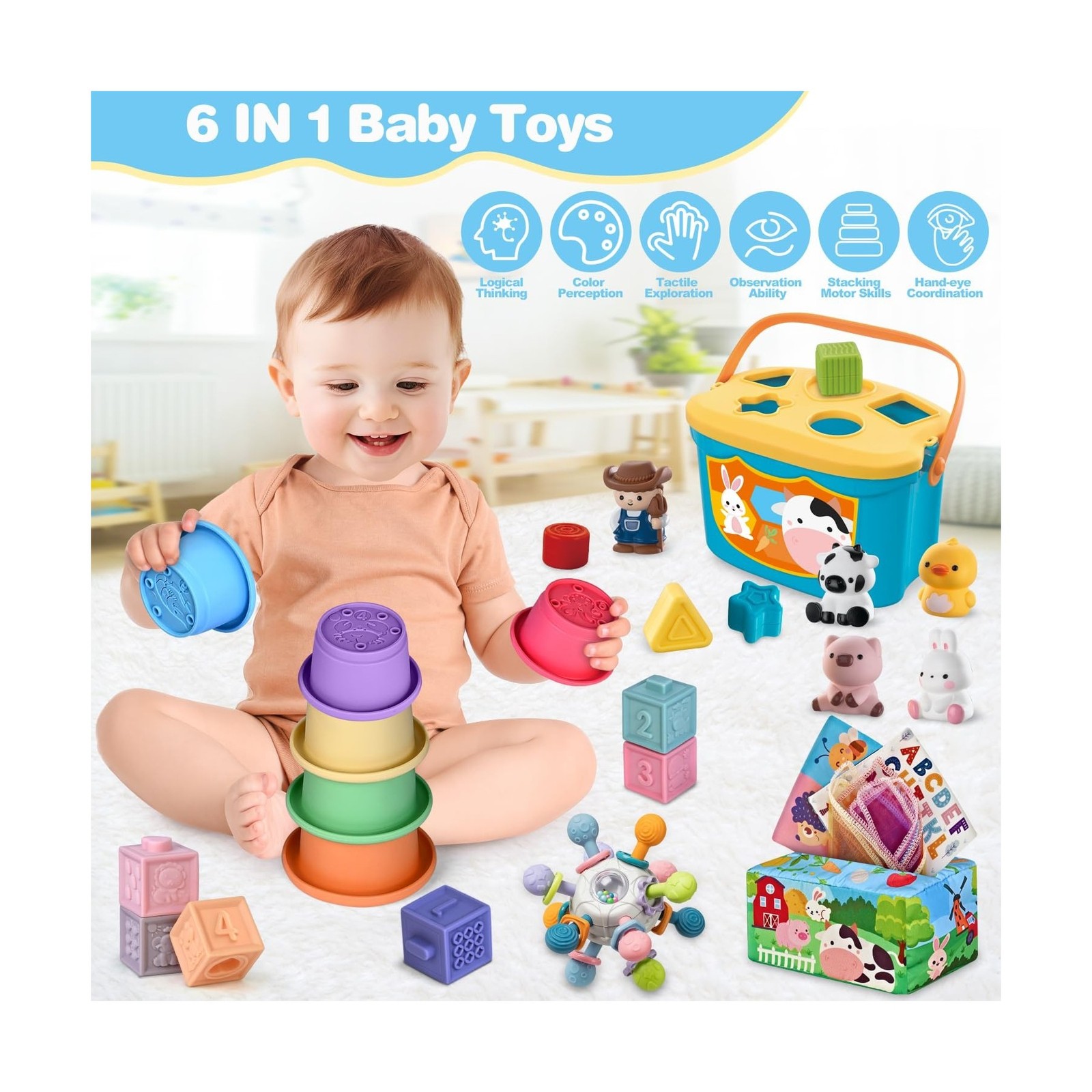 Baby Toys 6-12 Months, 6 in 1 Montessori Toys for 1 Year Old, Soft … Fast Ship