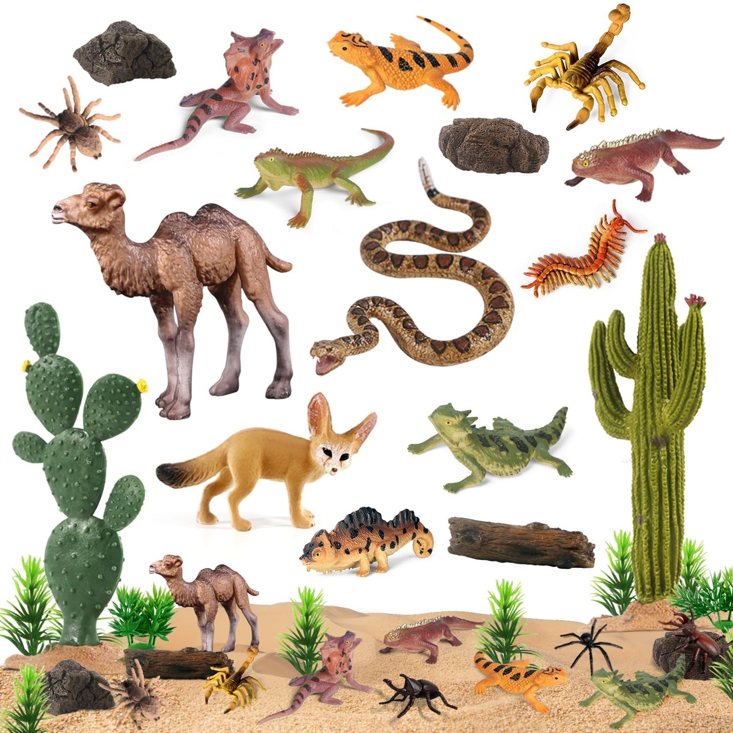 32Pcs Desert Animal Figures Set – Cactus, Trees, Camel, Fox, Snake & Reptile Toy