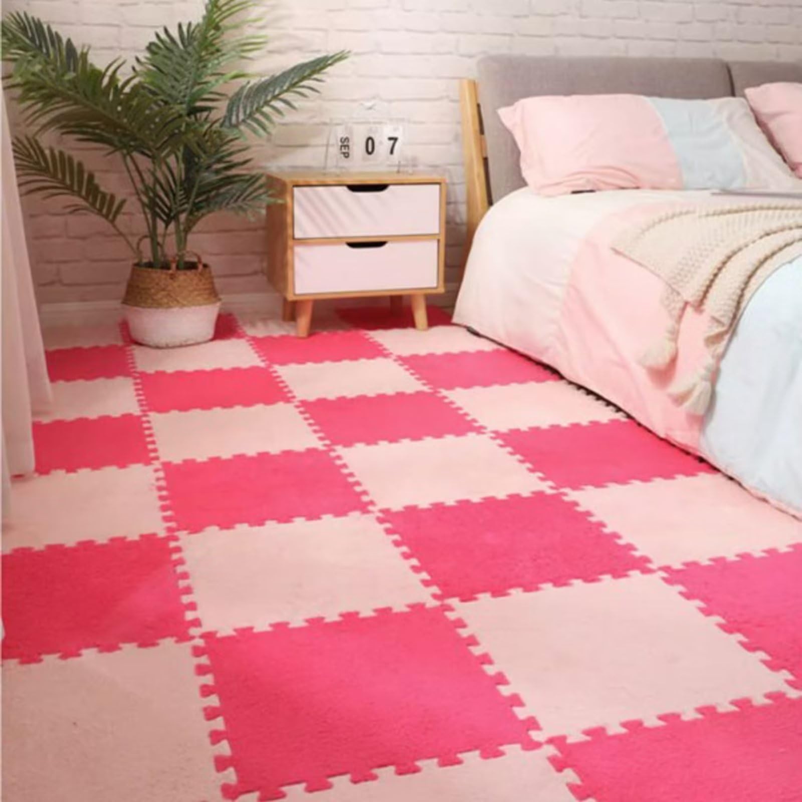 Typutomi 12pcs Plush Puzzle Foam Floor Mat, 55.7×55.7×0.55in, Rose Red&pink