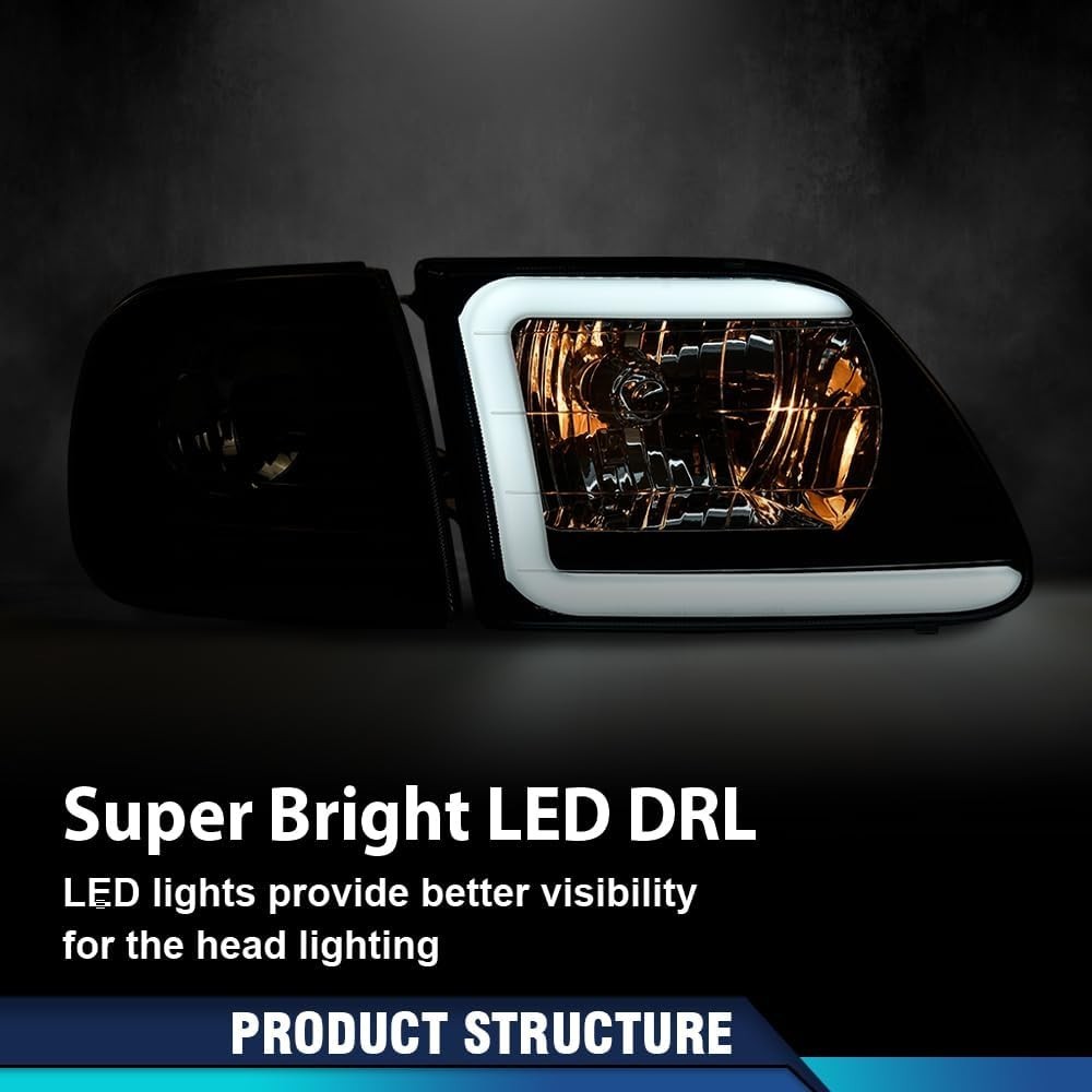 LED DRL Headlights For 1997-2002 Ford Expedition 1998-2003 F150 Black