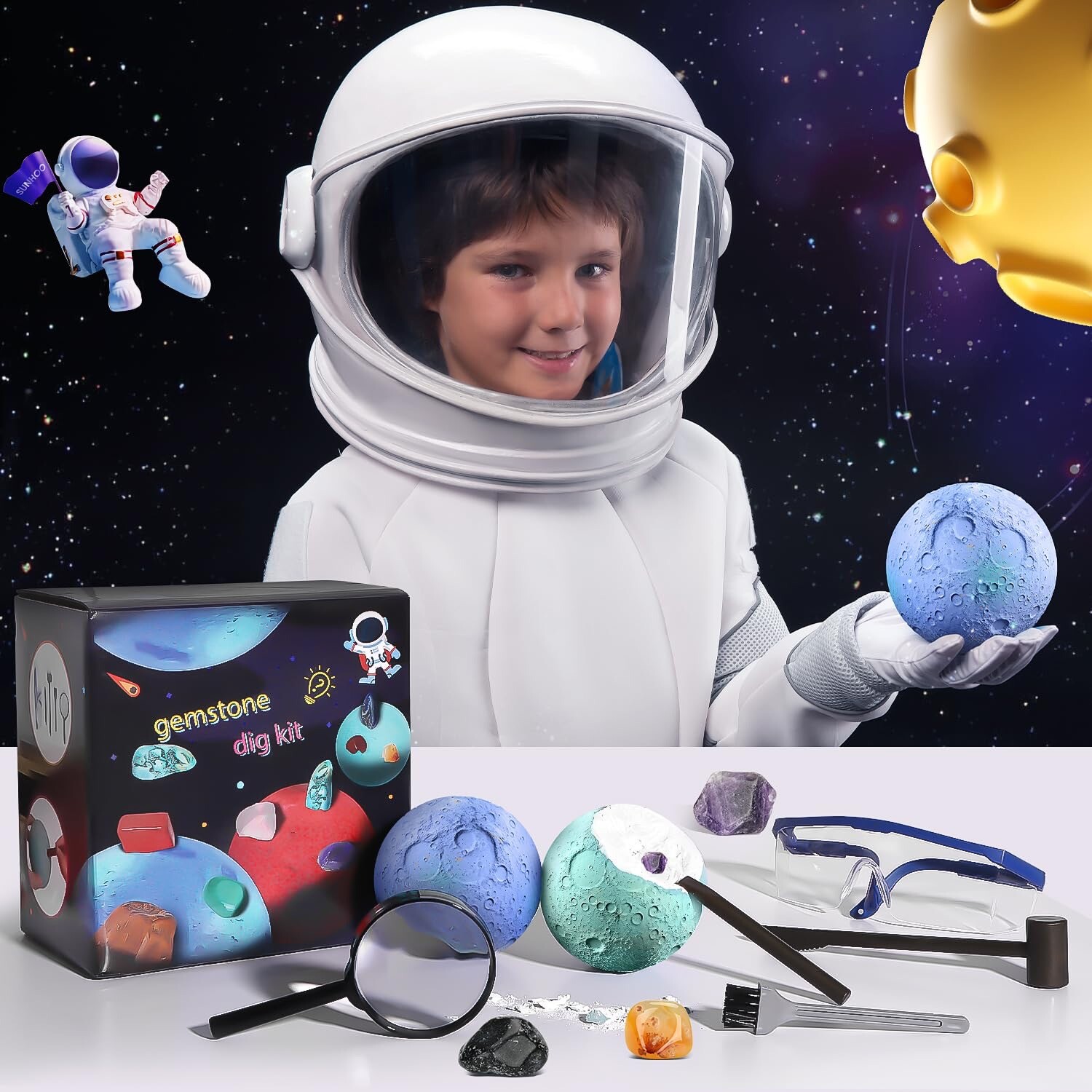 Gemstone Dig Kit, Solar System Space Toys, Find 15 Real Gemstones+crystals