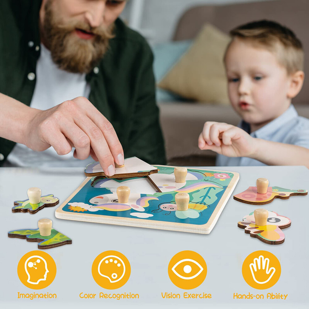 4 x Wooden Puzzles for Toddlers, Wooden Animal Shape Learning Educational Puzzle