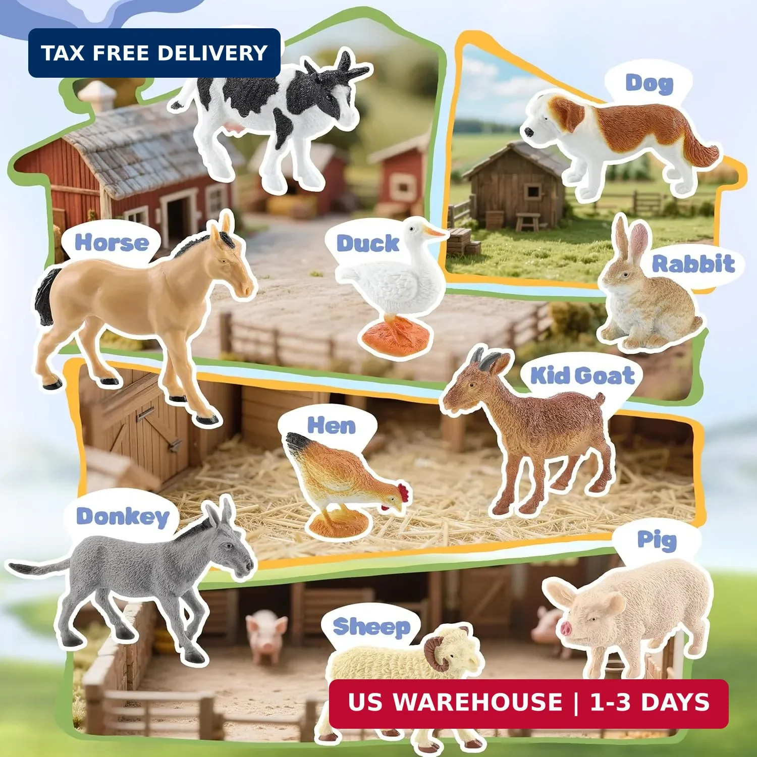 10-Piece Realistic Farm Animal Figures, Educational Toys for Toddlers 3-5 Years