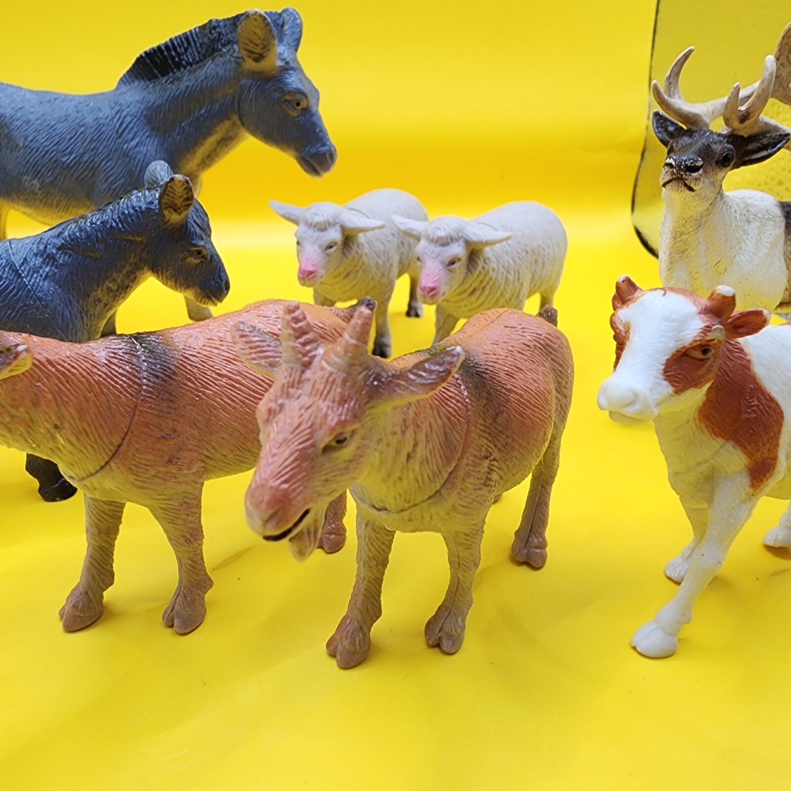 9 Toy Animals 3-5″ Mixed Lot Cows Donkeys Sheep Goats Elk