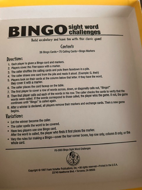 Bingo Sight Word Challenges game- Ages 5+ Frank Schaffer Publications