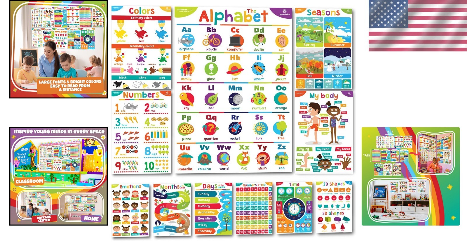 Vibrant 11-Piece Educational Posters for Toddlers – Ideal Nursery Decor, 14″x20″