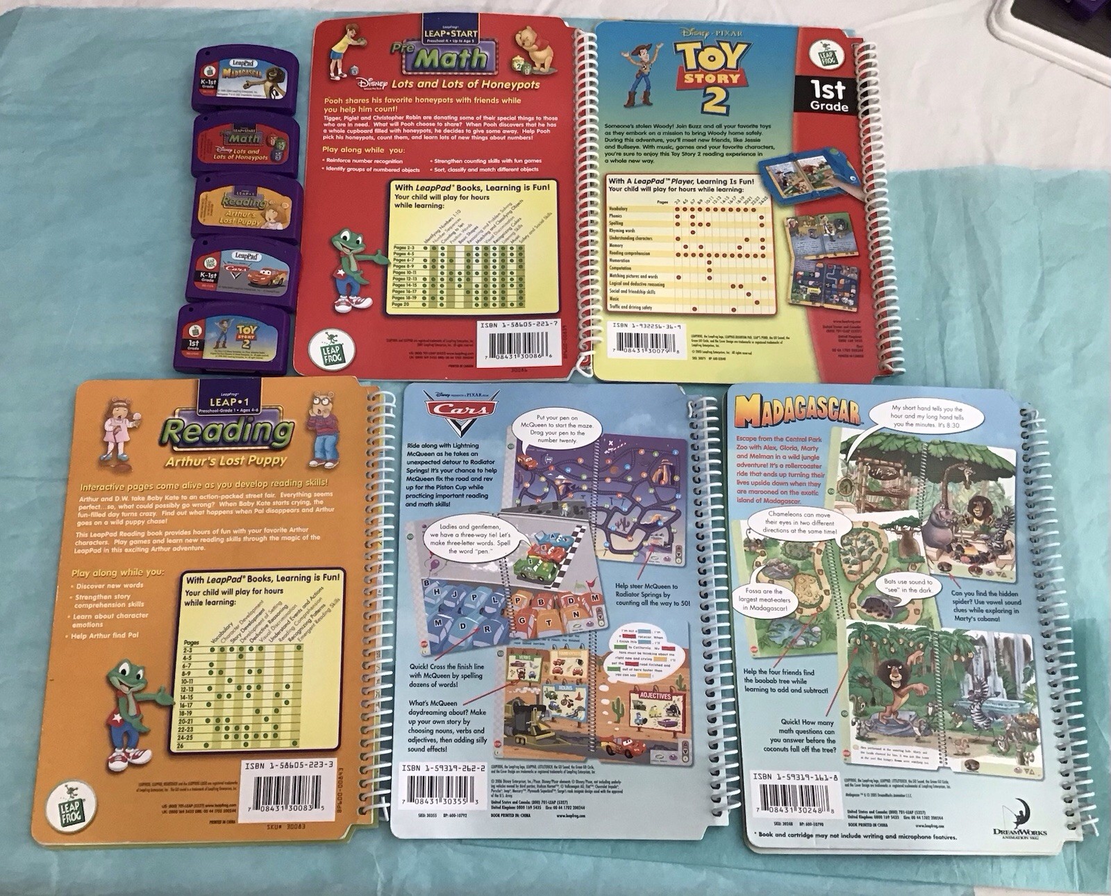 Leap Frog Leap Pad Cartridges And Books Lot Of 5 Reading ,Math,vowels,etc