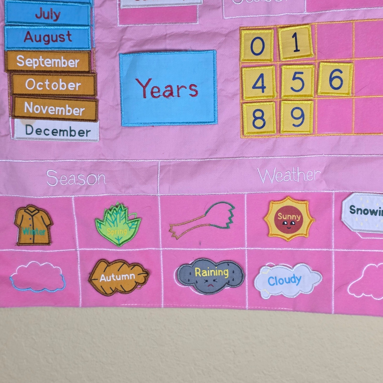 Kids Interactive Fabric Wall Calendar Pink Educational Weather Season Chart