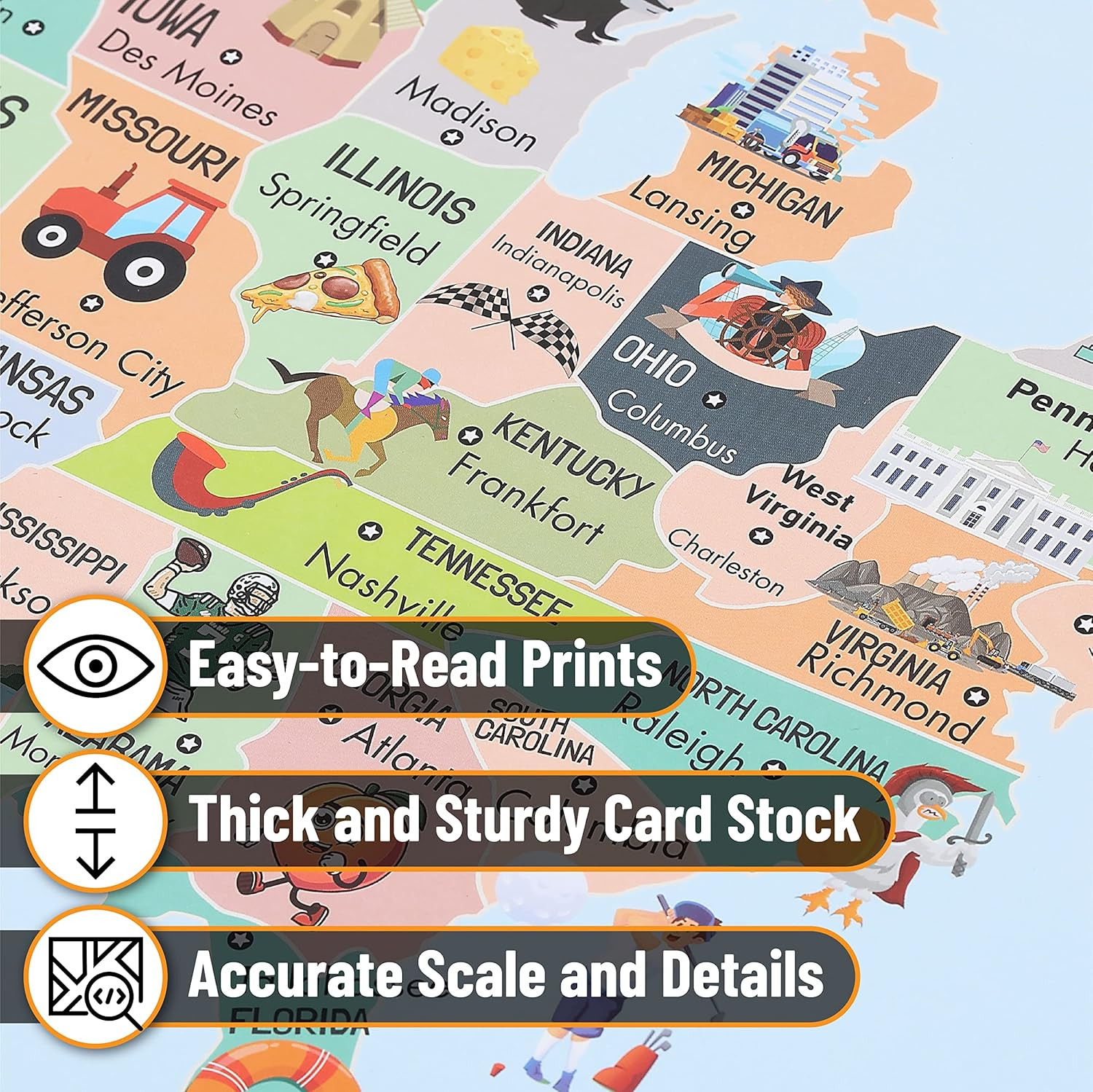 – United States Map for Kids, 14.5”x 24.6”, US Map for Kids Learning, Back to Sc