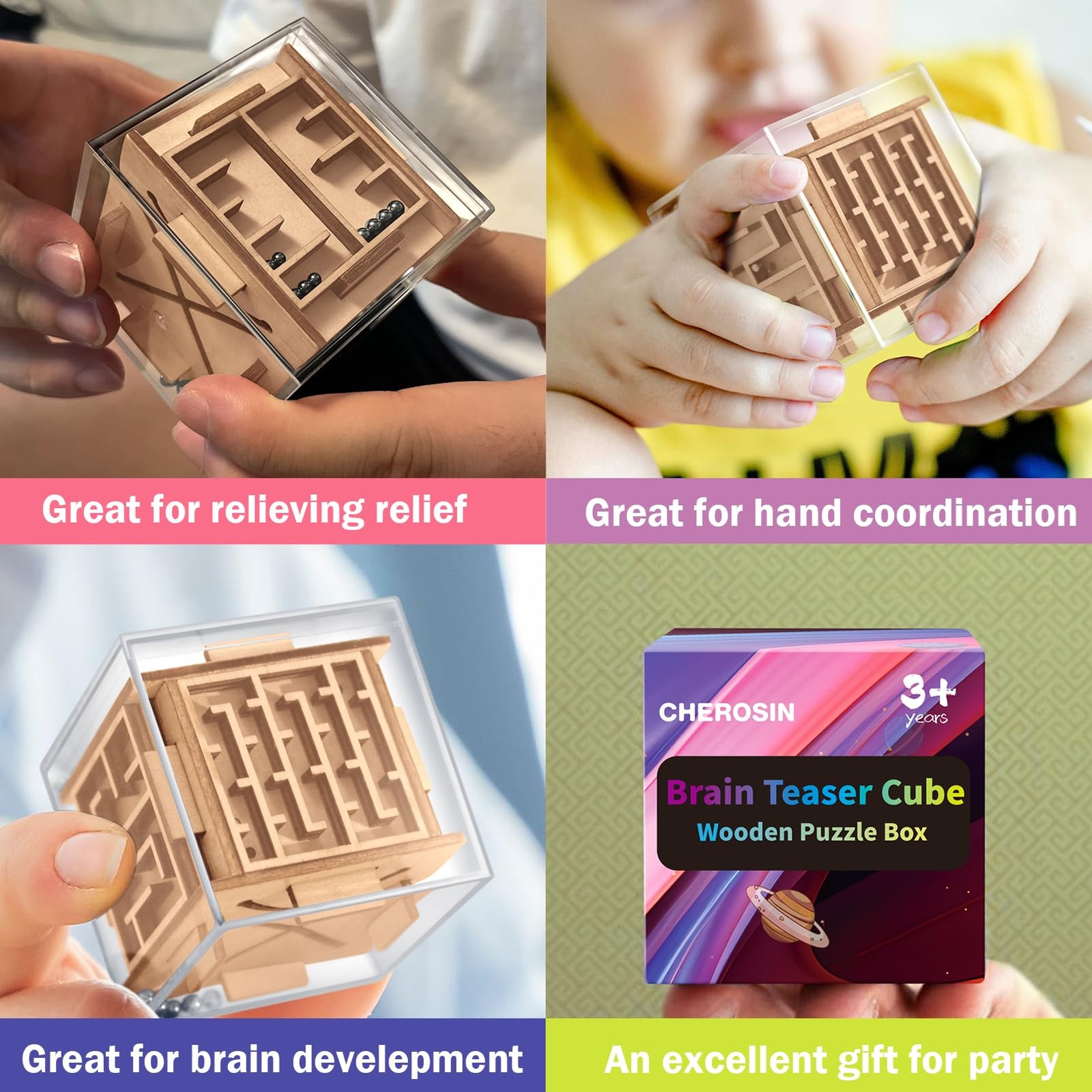 6-Sided Wooden Game Fidget Puzzle Cube Brain Teaser Toy For Kids And Adults