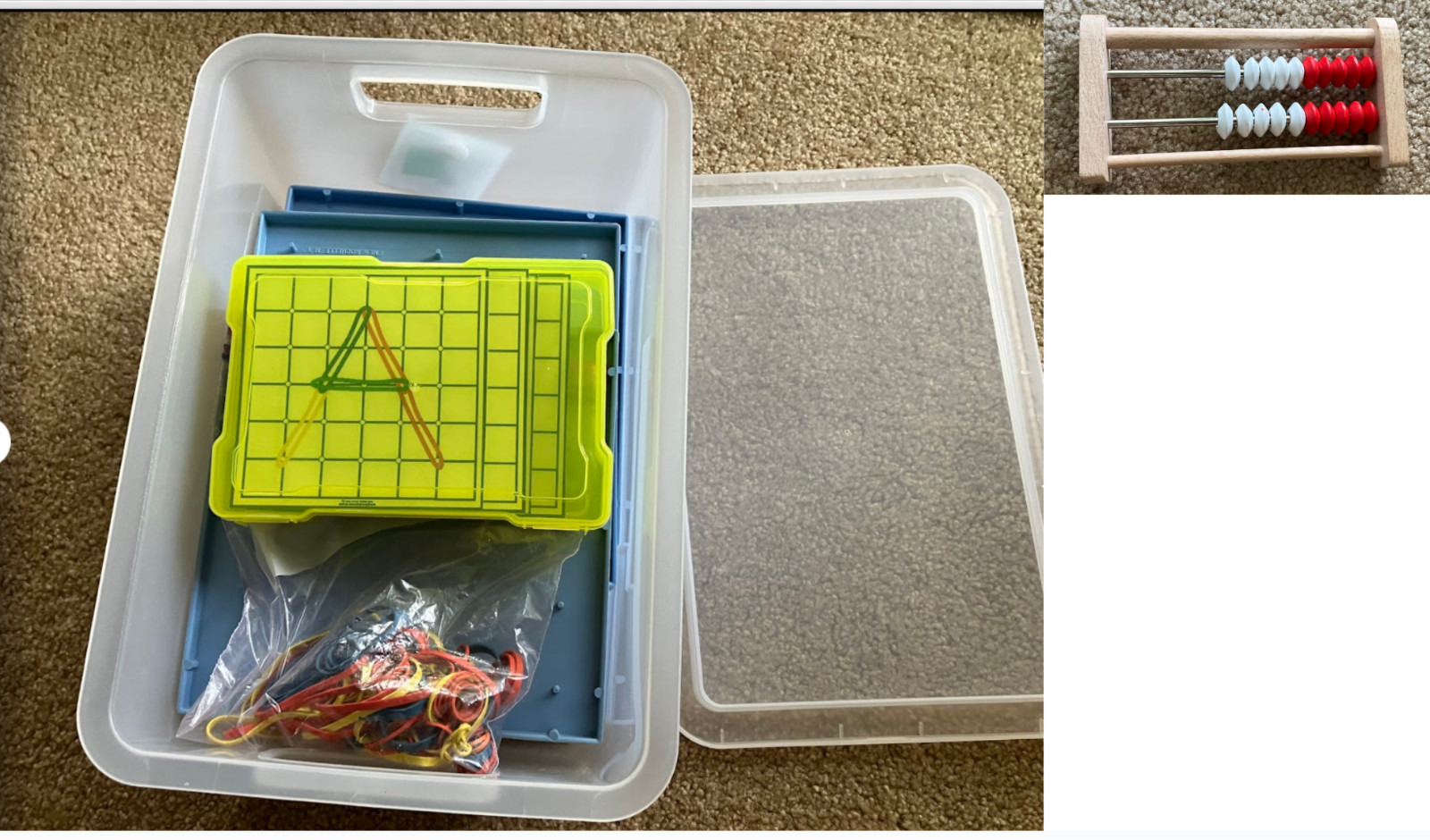 6 Double-sided Geoboards, ABC cards, 2 bins & rubber bands, mini rekenrek