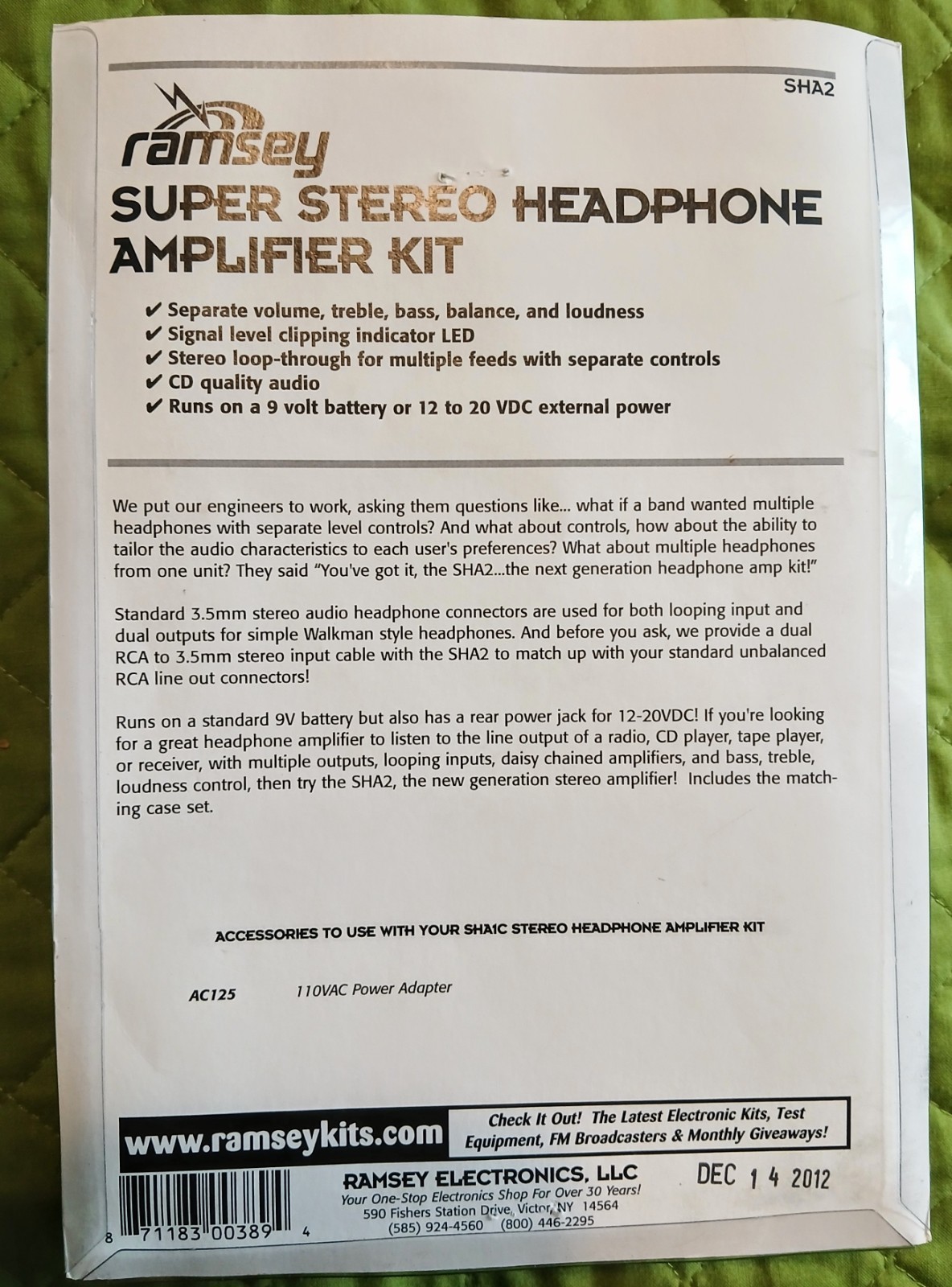 Ramsay Super Stereo Headphone Amplifier Kit SHA2 – Box marked 2012 *No Manual*