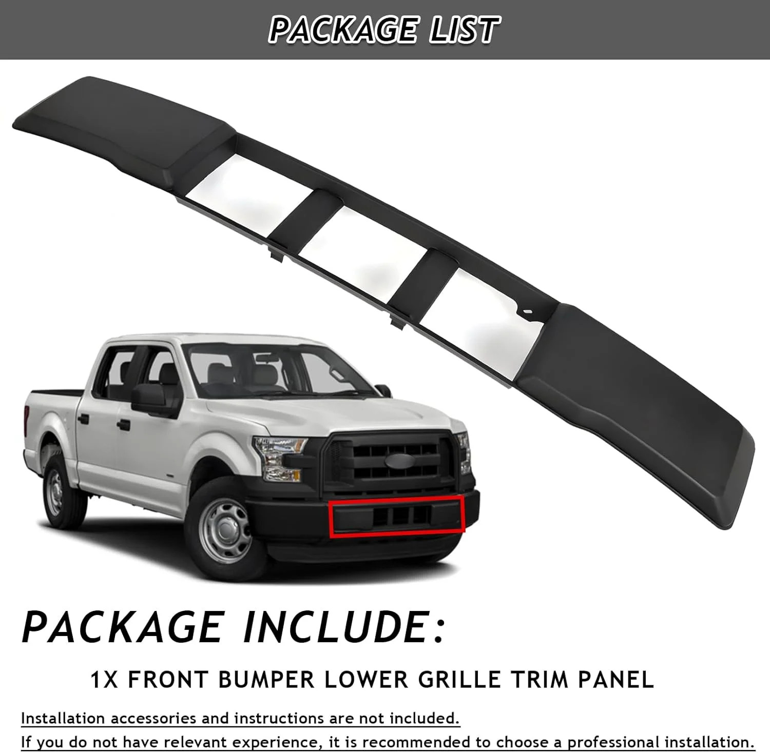 Front Lower Grille Trim Panel Compatible With 2015-2017 Ford F-150 F150 Black Fr