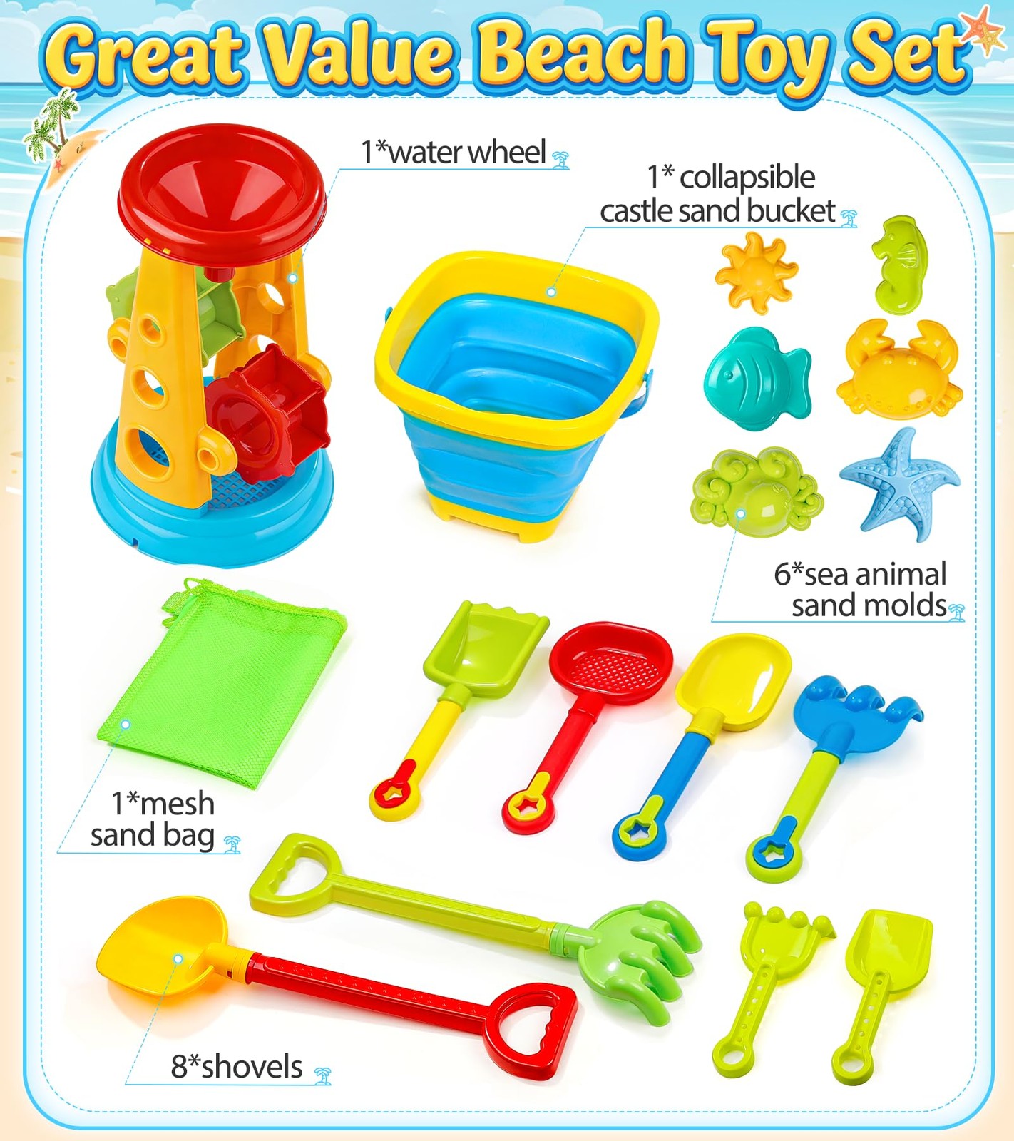 Collapsible Beach Sand Toys for Kids Toddlers, Standard, Multicolor
