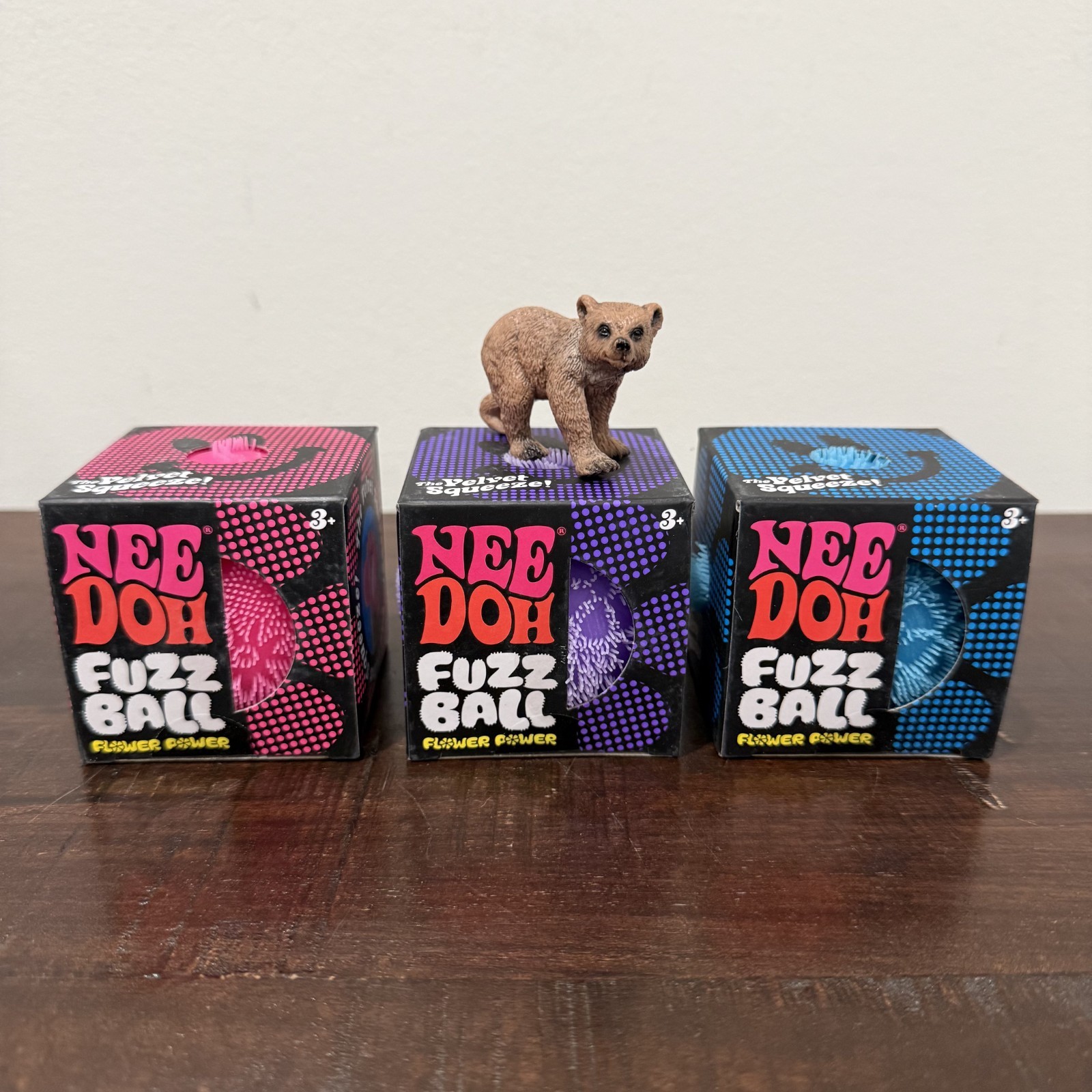 SET OF 3 NeeDoh Fuzz Ball Flower Power Pink Purple Blue Viral Rare Nee Doh Toy