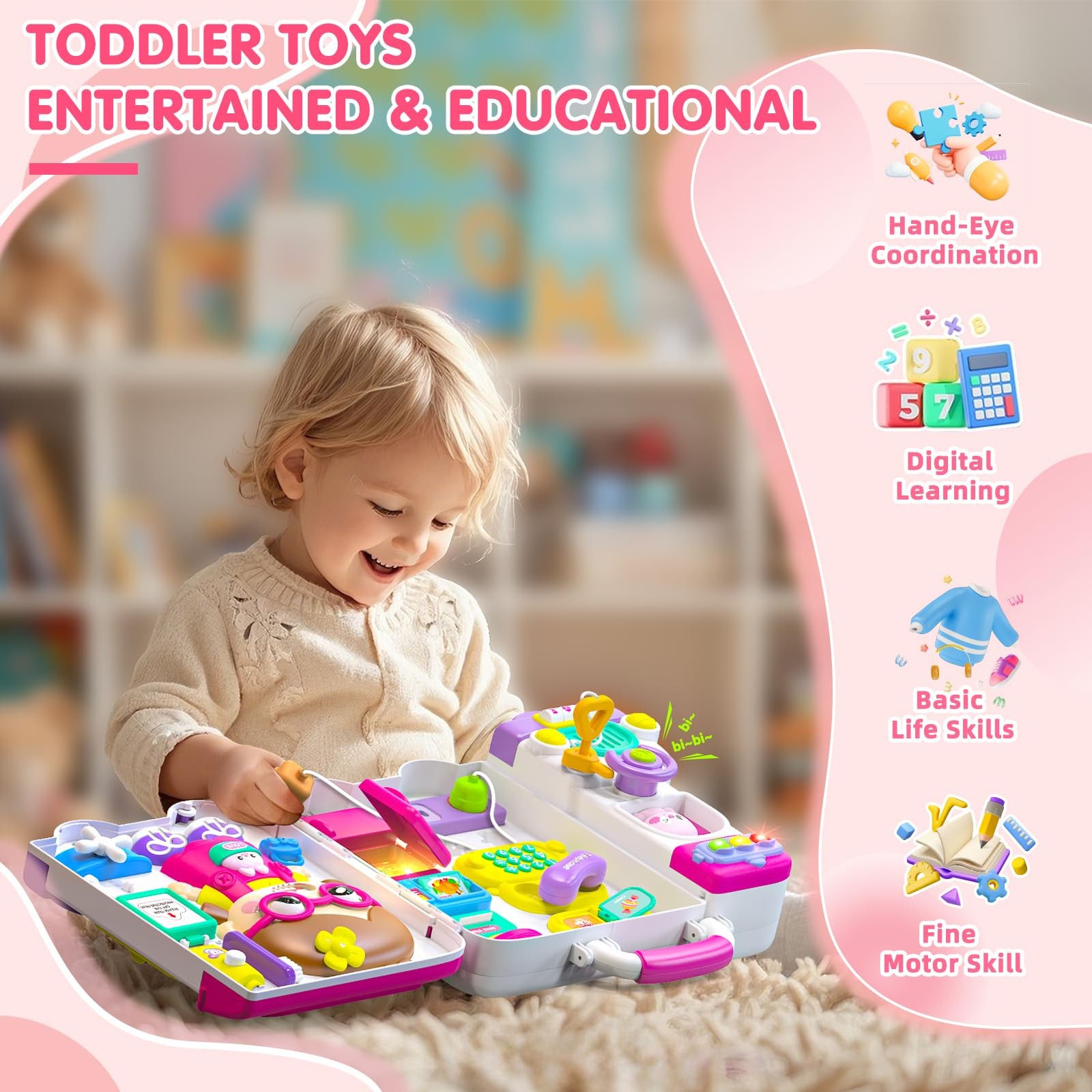 Baby Busy Board for 1-2 Year Old Boy Girl Gift,Musical Toddler Medium, Pink