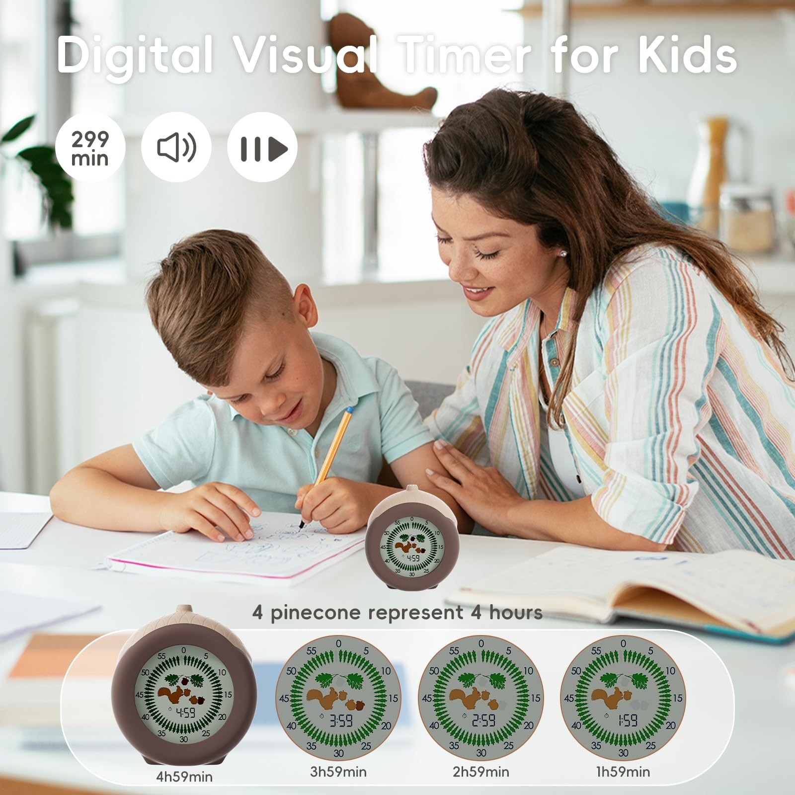 Visual Timer for Kids, 299 Minute Cute Squirrel Timer, Digital Timer with Pau…