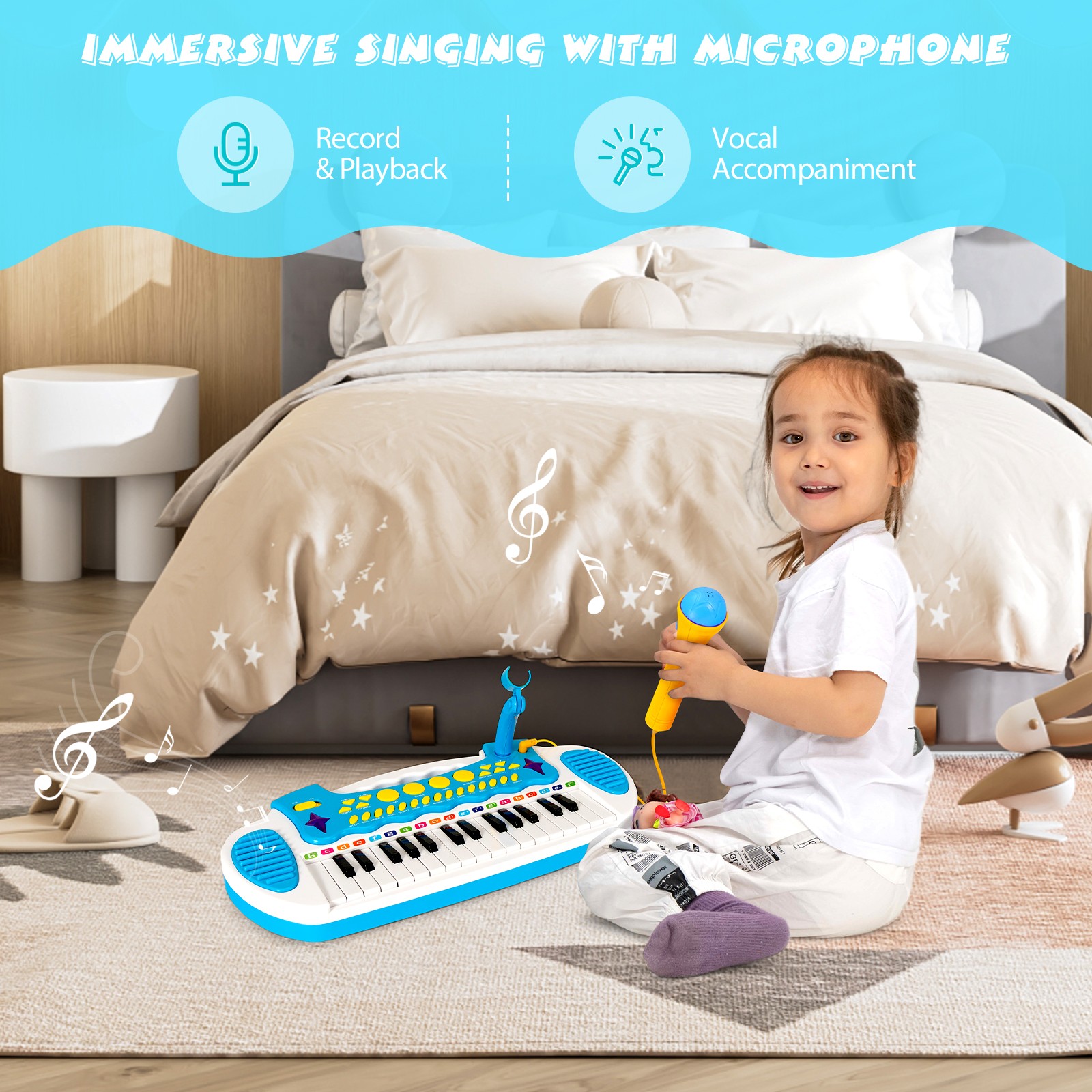 31-Key Kids Piano Stool Set Musical Instrument w/Clear Loudspeaker &Volume Level