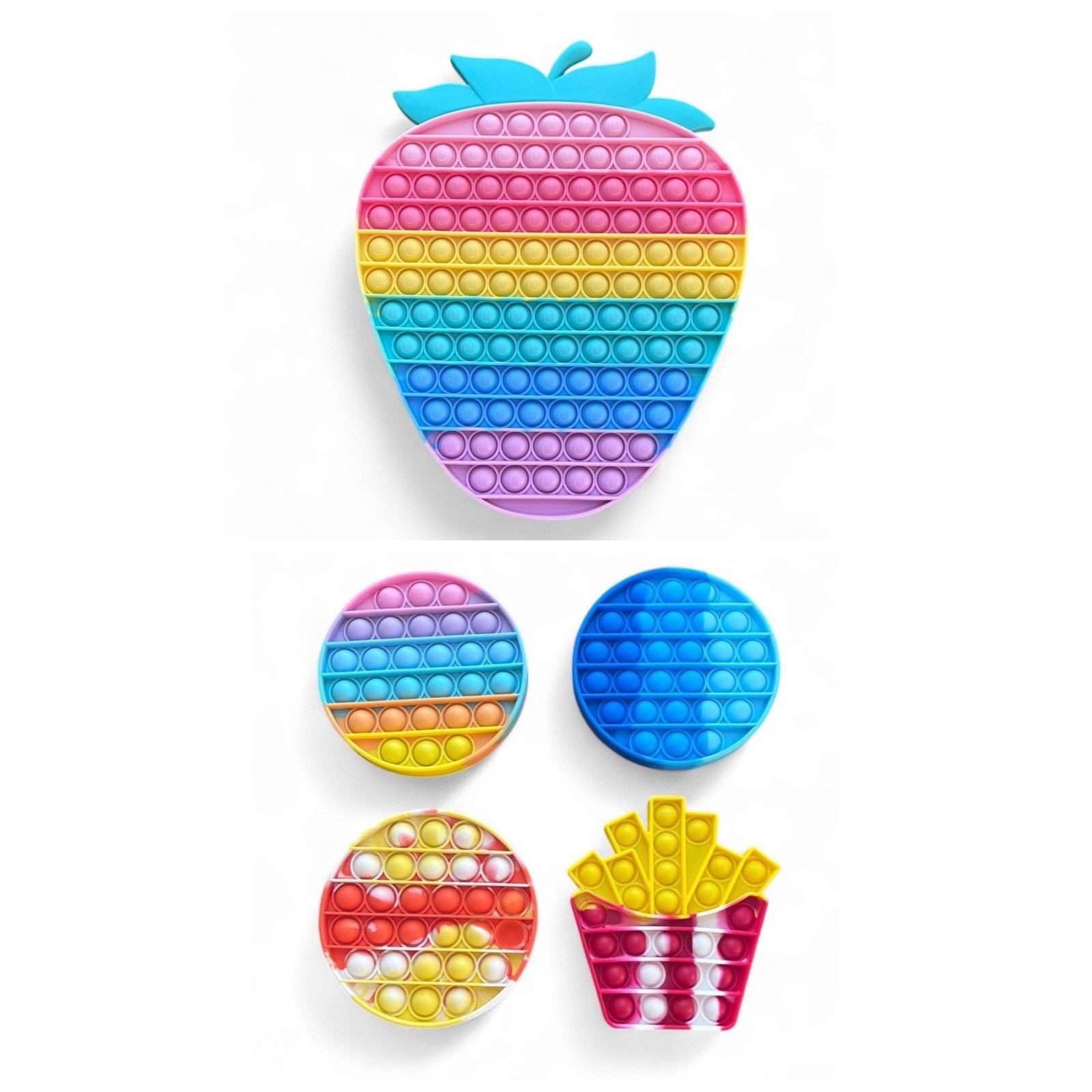 Push Pop Bubble Sensory Fidget Toy Lot Of 5 Pastel & Tie-Dye Shapes & Fruit